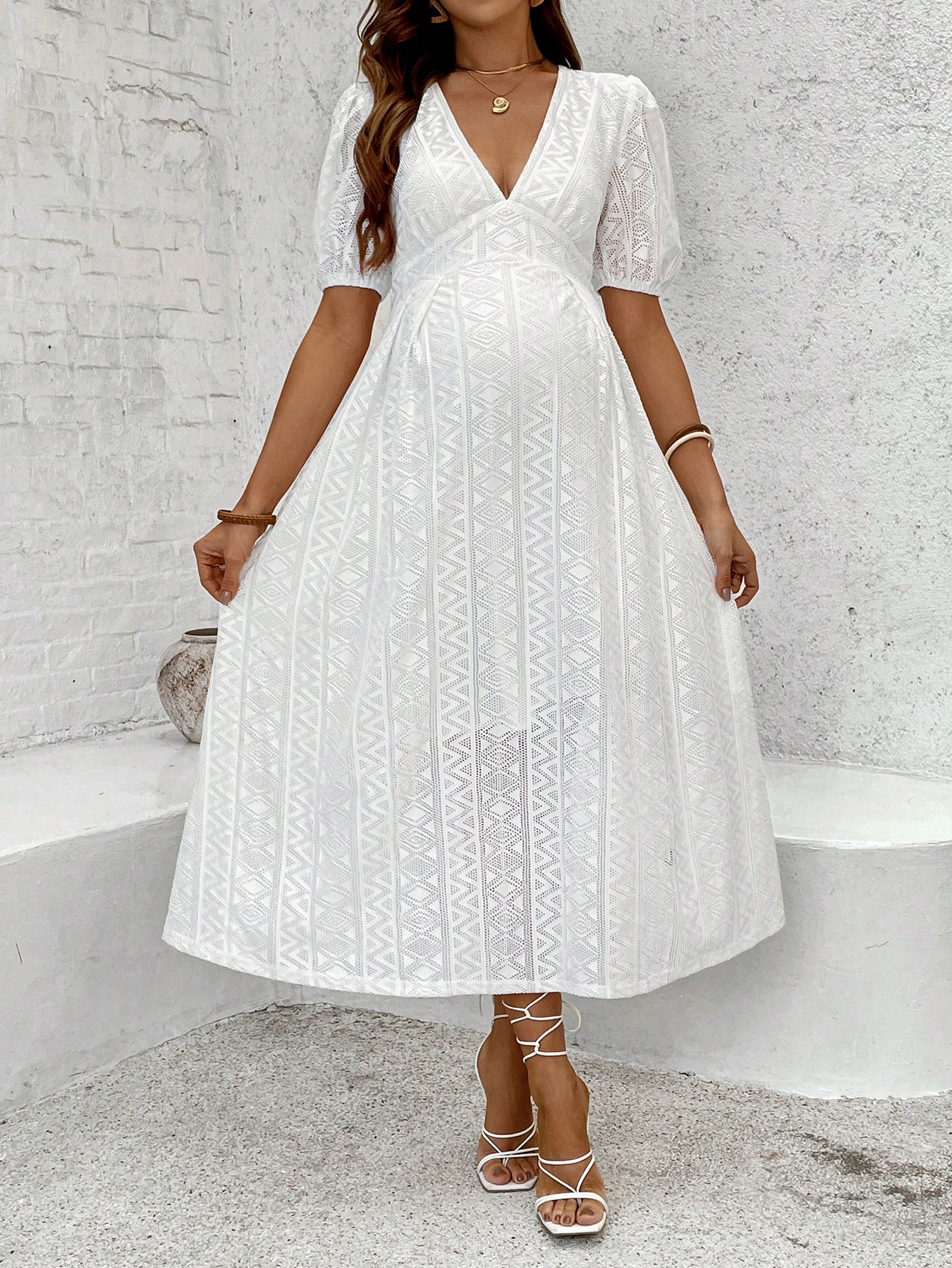 Femei gravide gol geometric v-neck puff maneca rochie elegantă ținute de vară rochie de maternitate pentru femei
