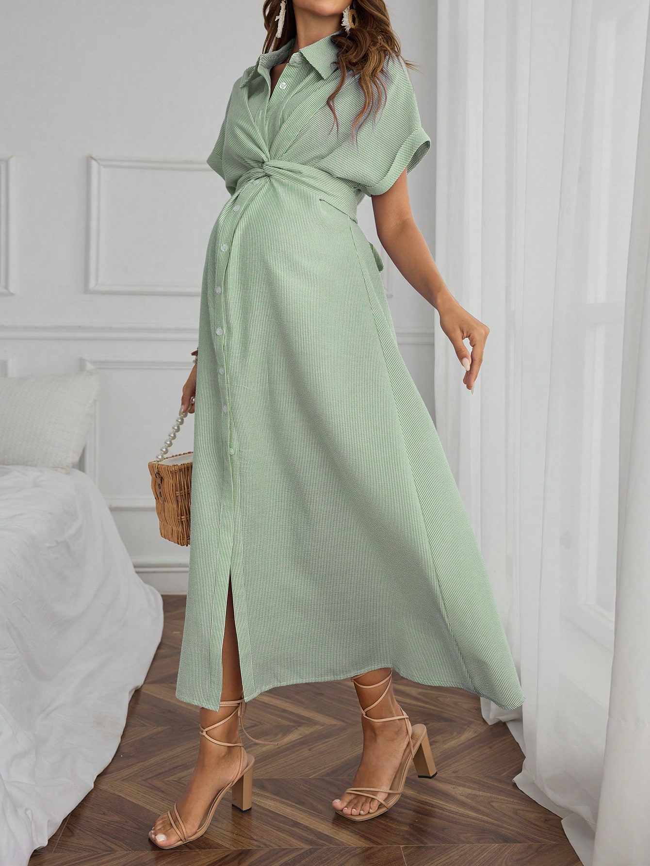 Femeile gravide casual & afaceri culoare solidă răsucire batwing maneca buton față cămașă rochie rochie de maternitate