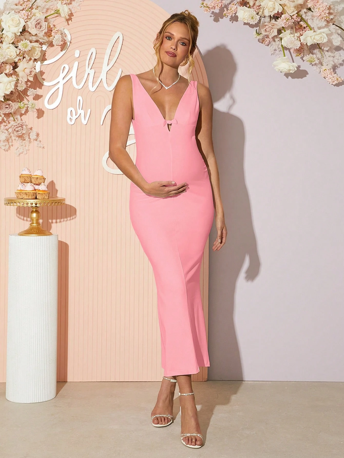 Femei gravide solid adânc v gât fără mâneci montate rochie elegantă