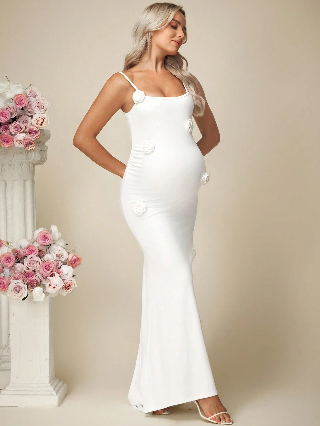 Rochie fără mâneci de culoare solidă cu tiv de sirenă pentru femei însărcinate, potrivită pentru nuntă, logodnă rochii pentru femei eveniment de nuntă rochie de mireasă rochie albă elegantă cu clasă rochie de maternitate