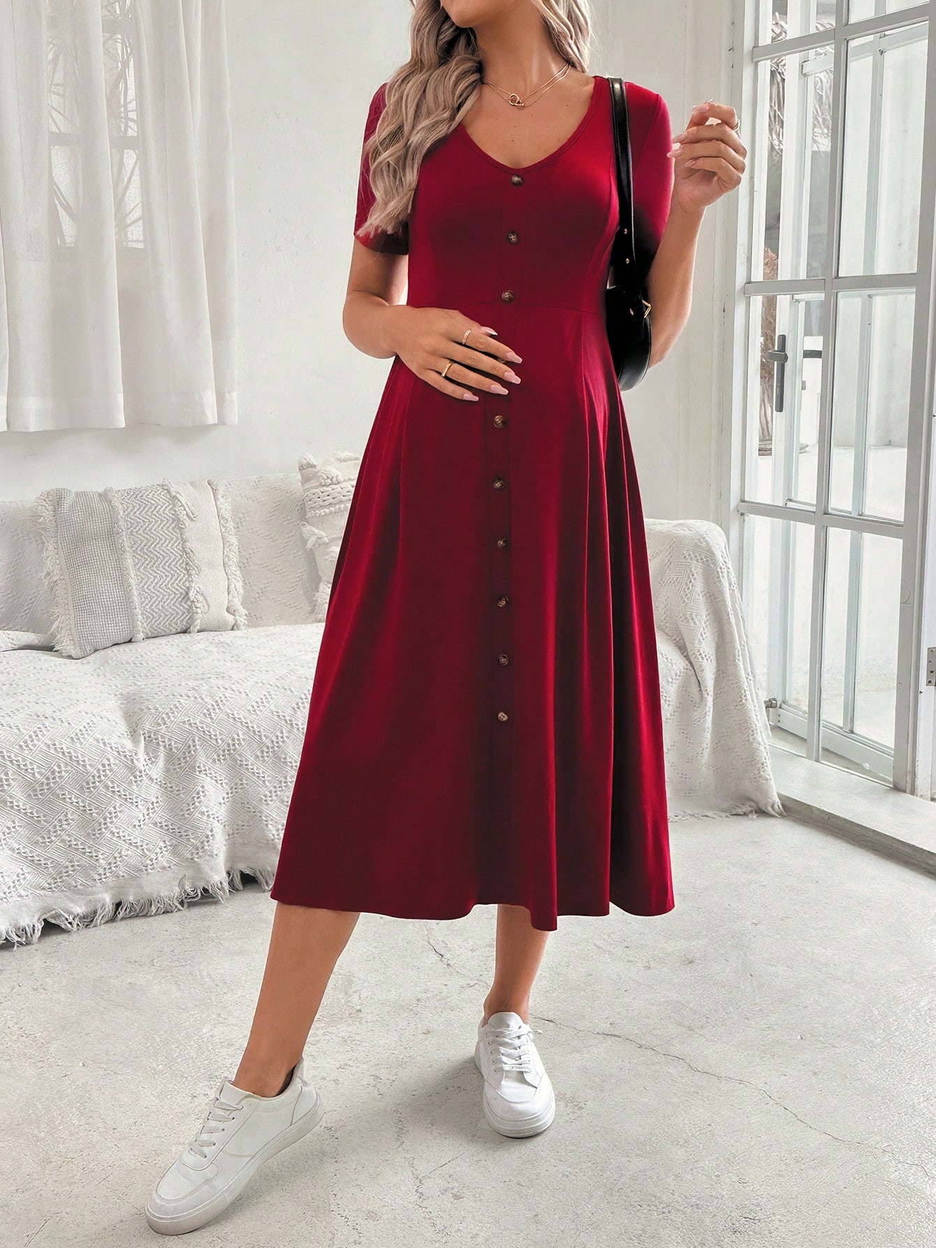 Femei elegant v-neck cu mânecă scurtă a-line buton decor rochie de maternitate pentru vara
