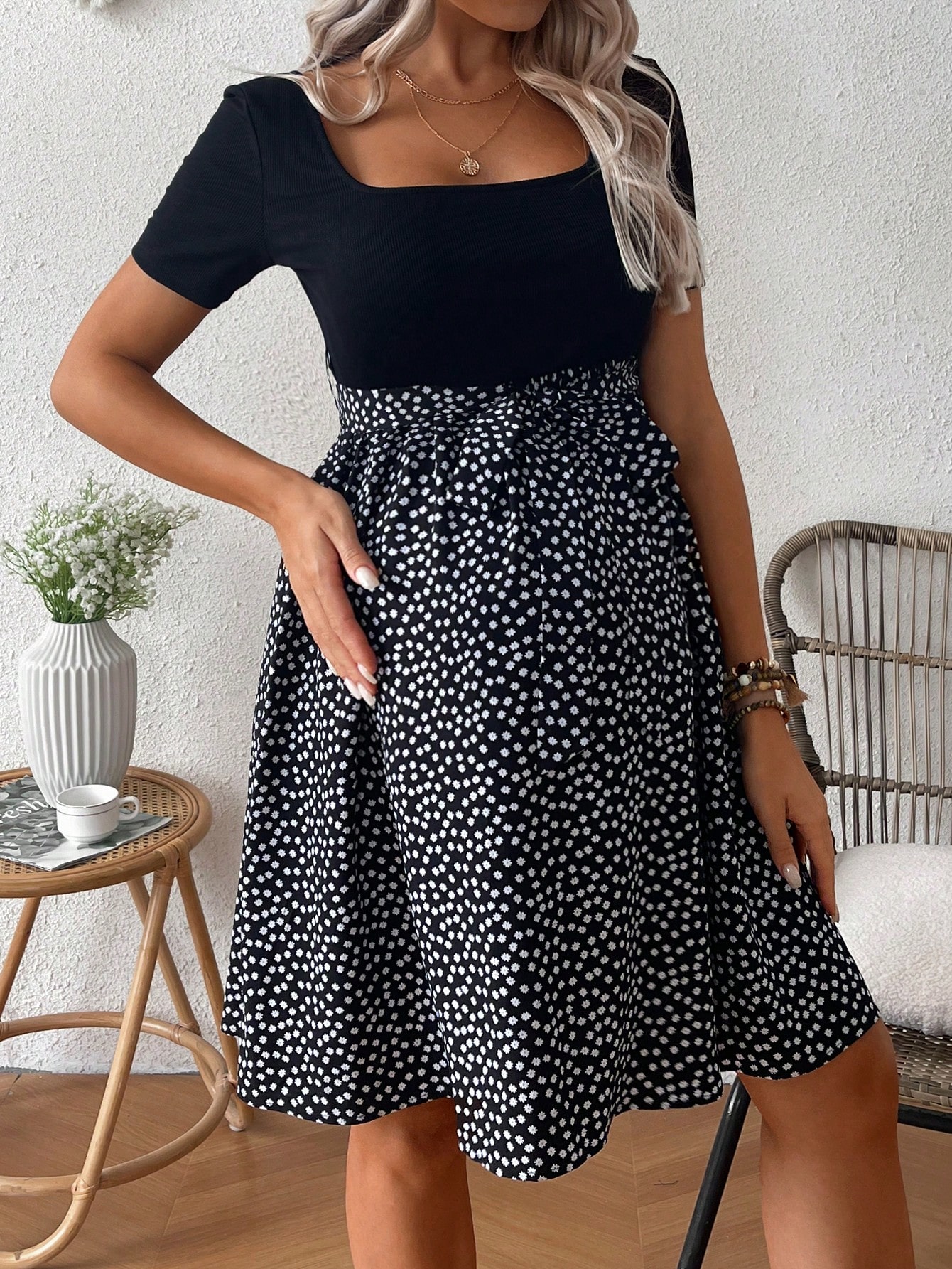 Rochie pentru gravide vara gât pătrat mânecă scurtă patchwork floral print rochie casual