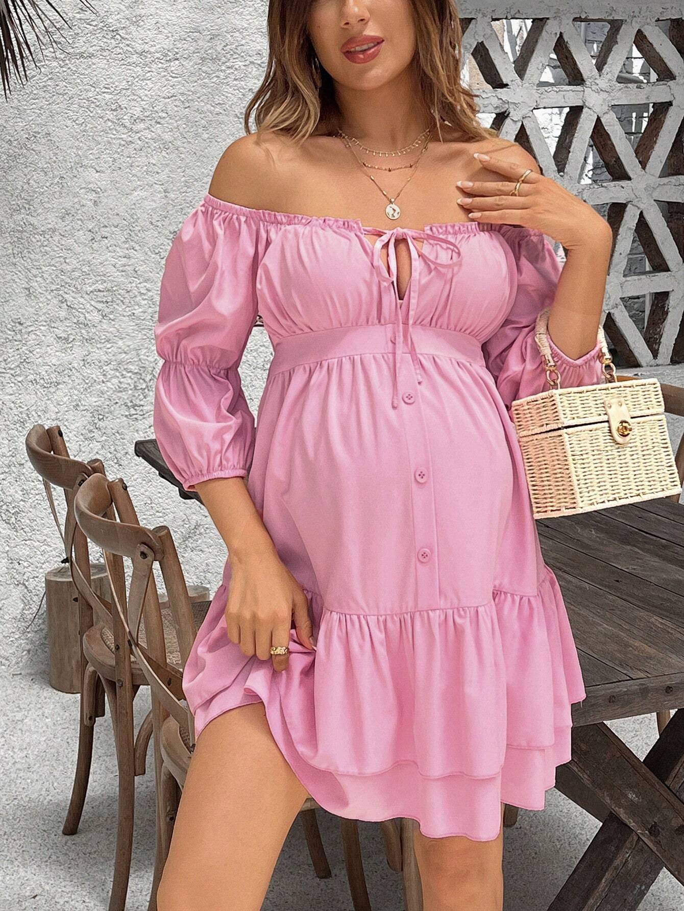 Rochie pentru maternitate rochie de vacanță casual de culoare solidă cu volane tiv cu volane rochie midi