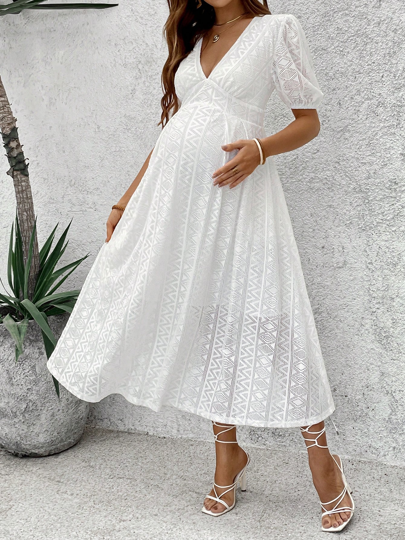 Femei gravide gol geometric v-neck puff maneca rochie elegantă ținute de vară rochie de maternitate pentru femei