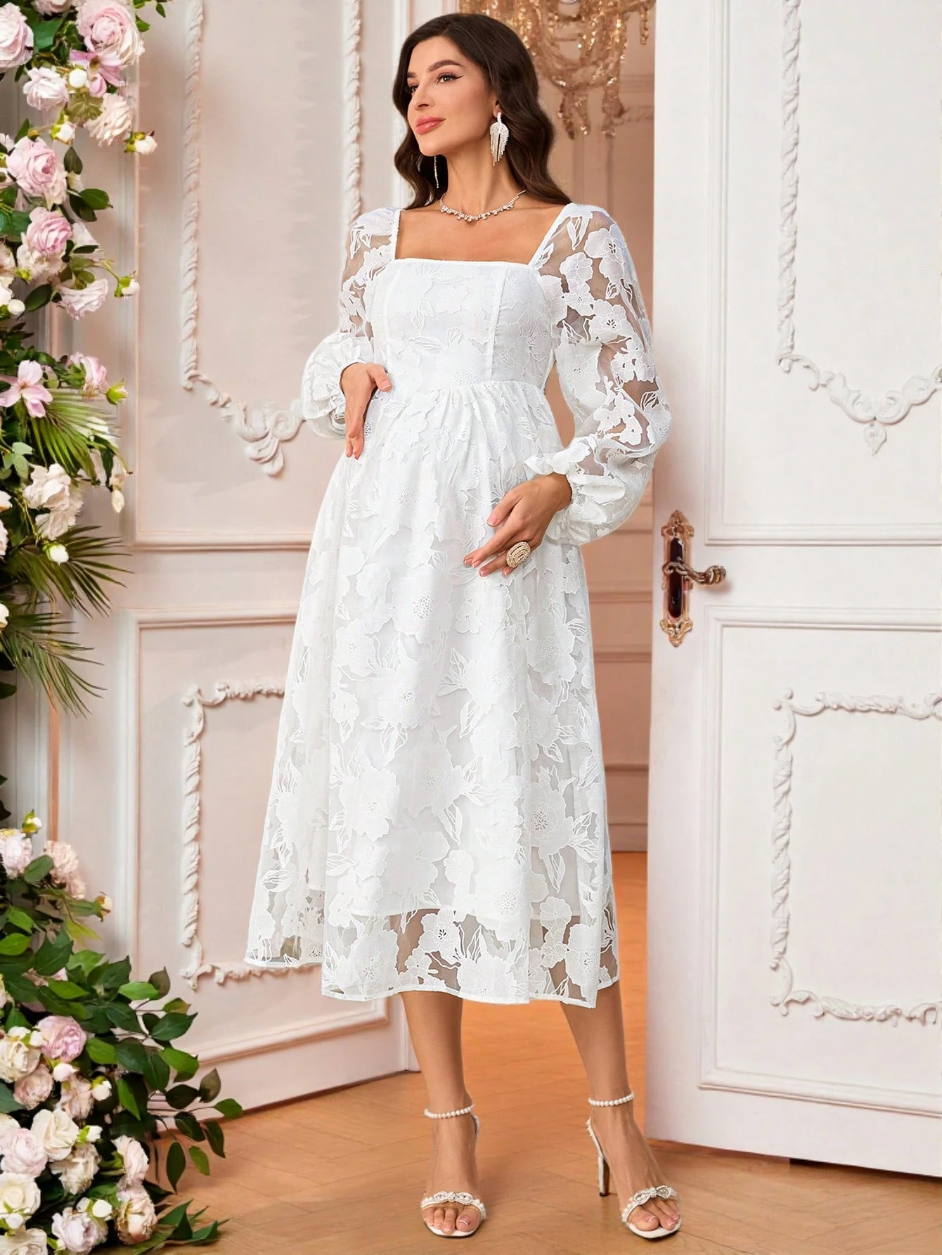 Femei gravide jacquard floral plasă v-neck maneca lanternă rochie elegantă de maternitate baby shower maternitate rochii maxi rochii classy outfits fairycore