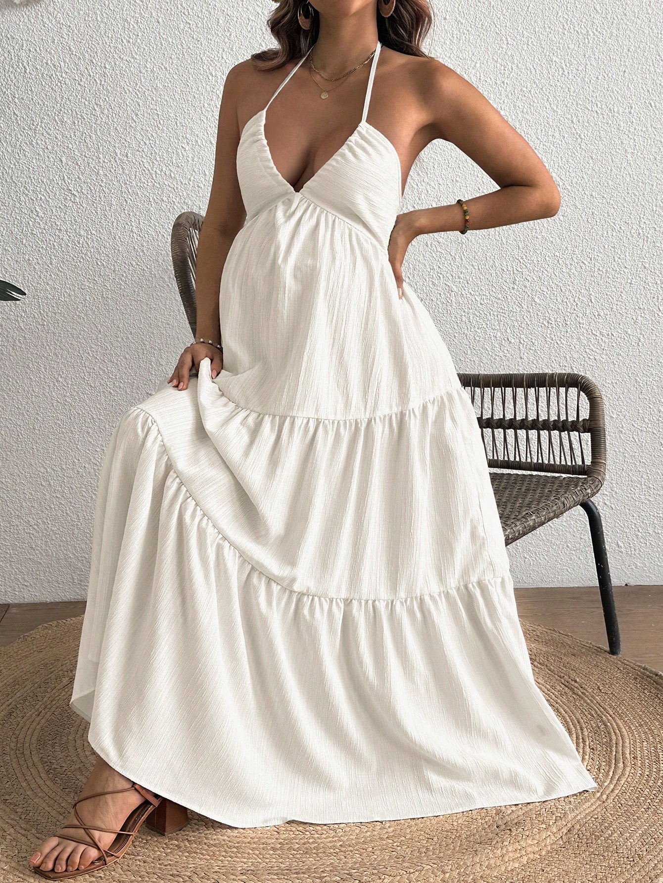Rochie de maternitate maxi fără spate de culoare solidă