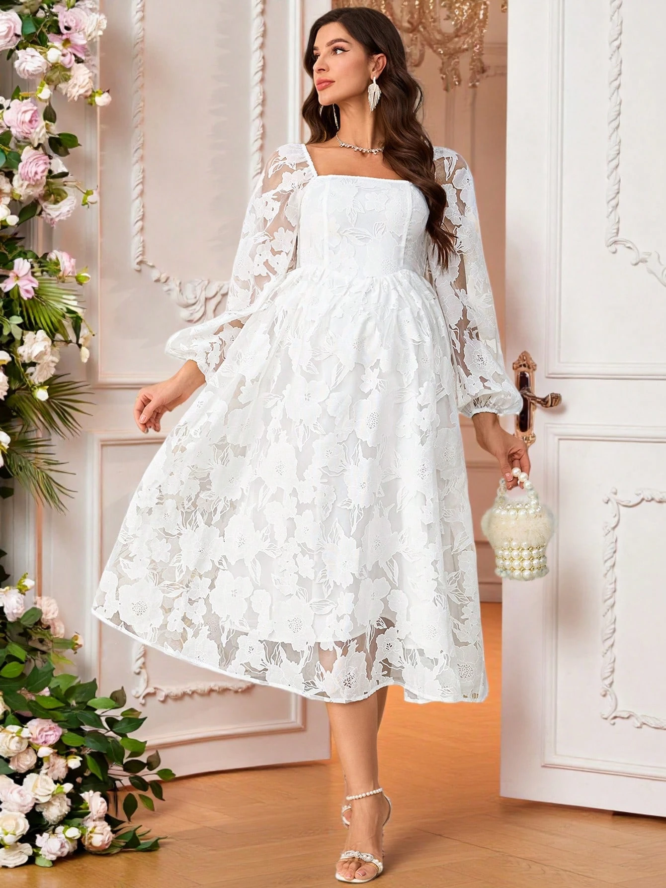 Femei gravide jacquard floral plasă v-neck maneca lanternă rochie elegantă de maternitate baby shower maternitate rochii maxi rochii classy outfits fairycore