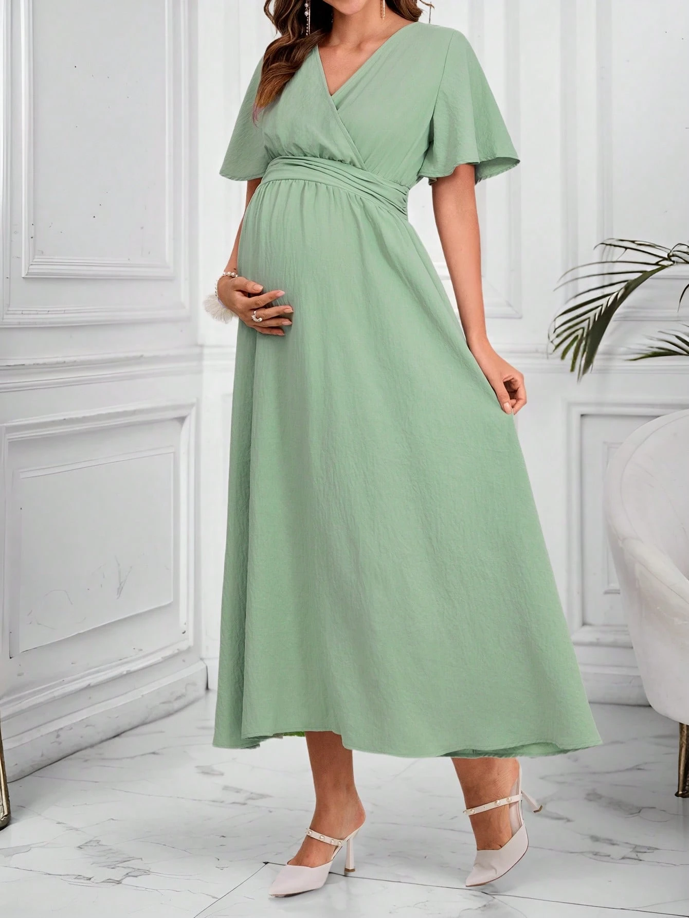 Rochie de maternitate elegantă cu mânecă scurtă, cu volane și decolteu în V, de culoare solidă, pentru femei însărcinate