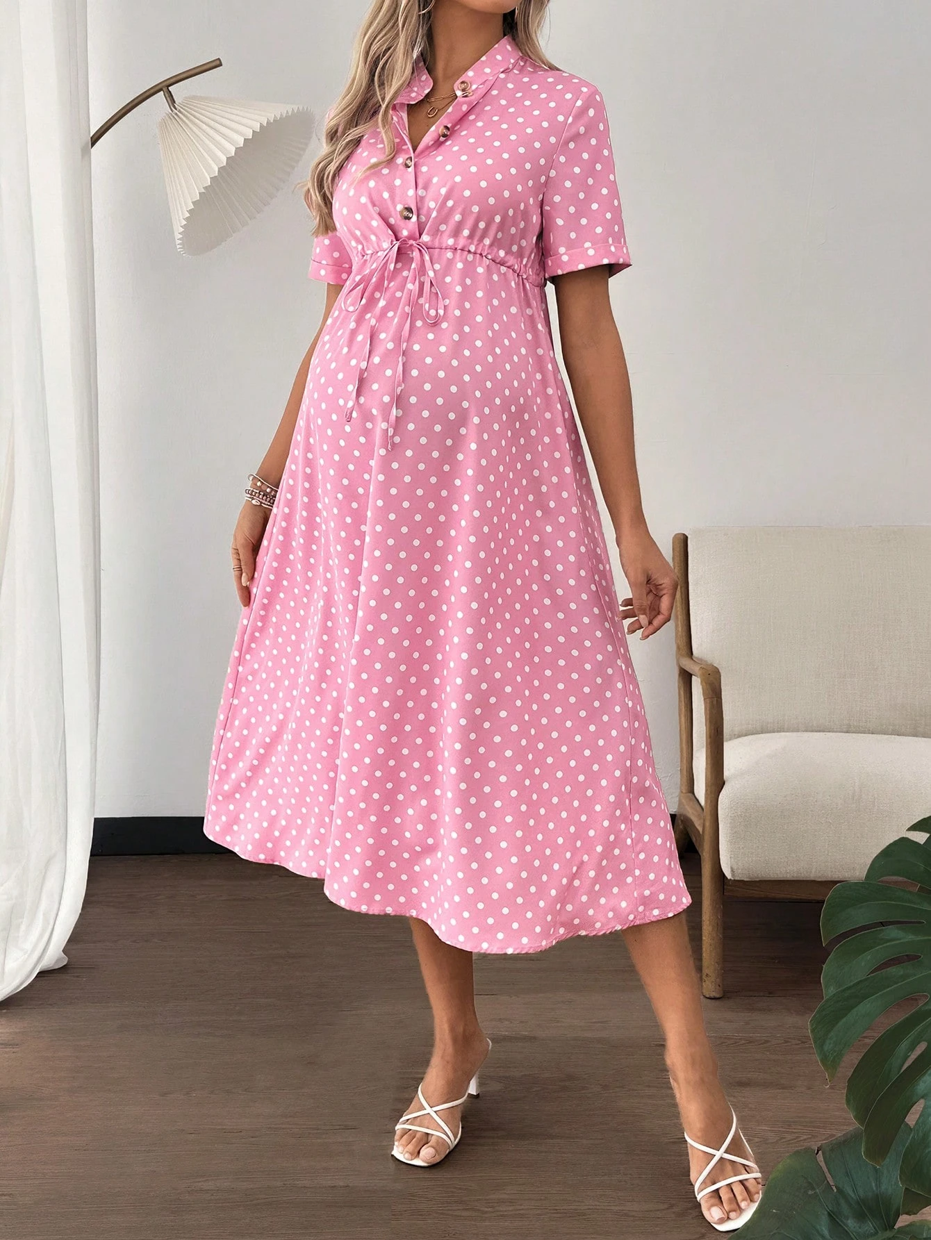 Rochie pentru gravide rochie midi cu decolteu în V și buton cu răsucire frontală cu buline