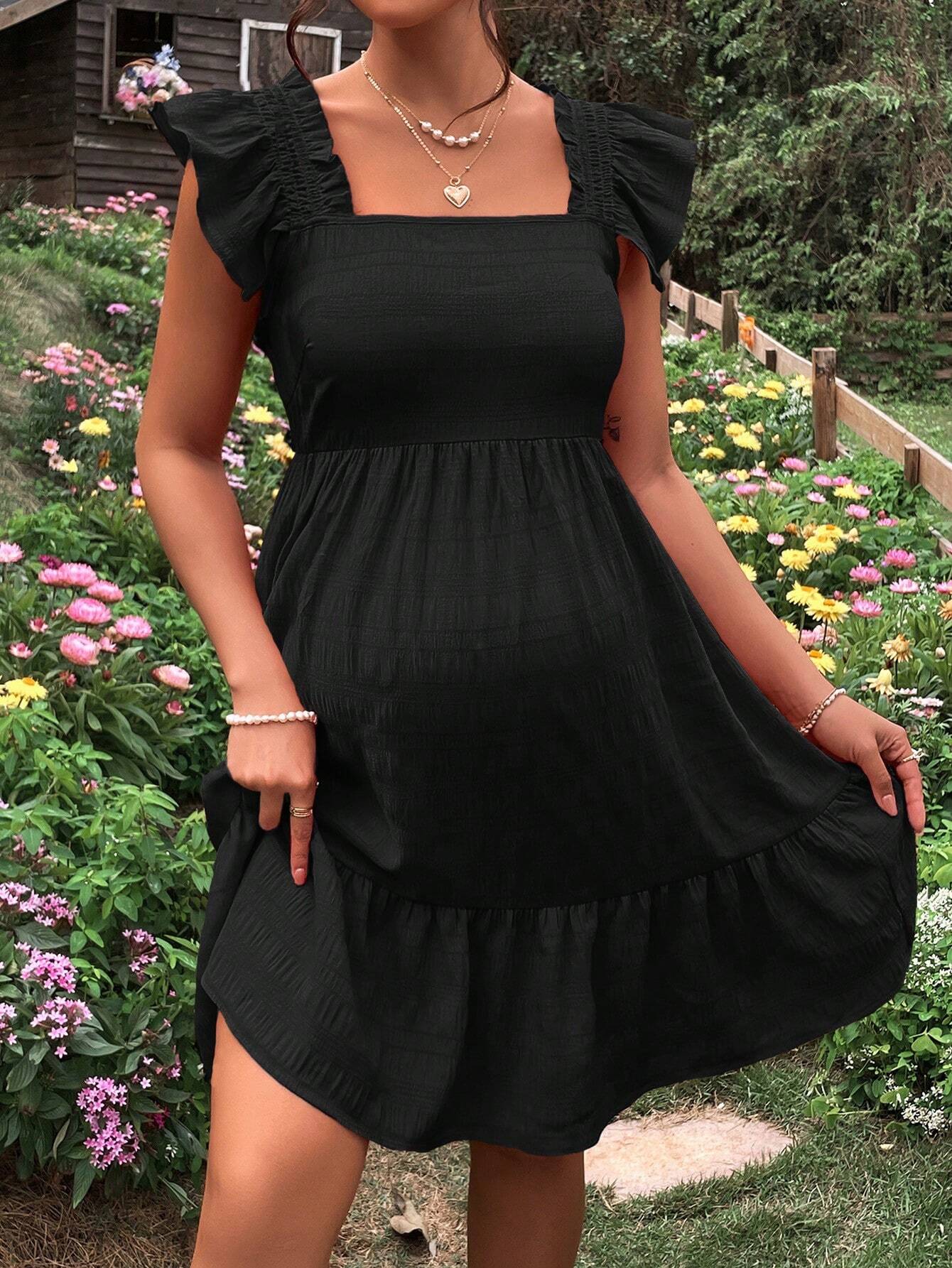 Rochie pentru gravide rochie cu decolteu pătrat și ornamente cu volane