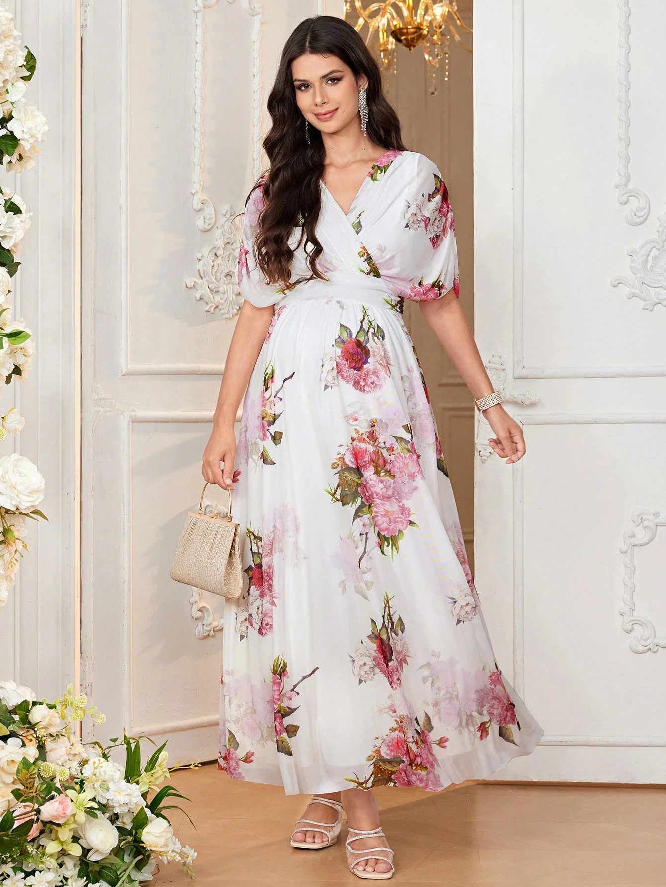 Kismama elegáns rózsa virágmintás v-nyakú, rövid ujjú, laza szabású kismamáknak való elegáns ruha, v-nyakú, rövid ujjú ruha, laza szabású kismamáknak