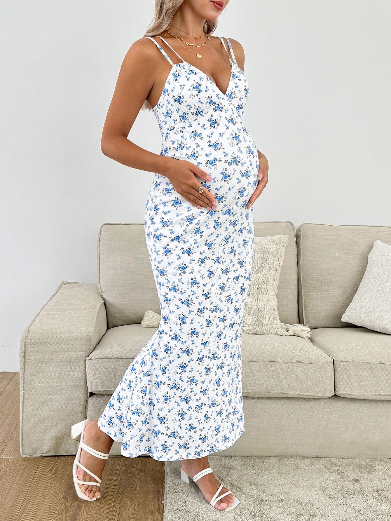 Rochie de soare pentru gravide cu imprimeu floral Ditsy, cu bretele spaghetti, elegantă
