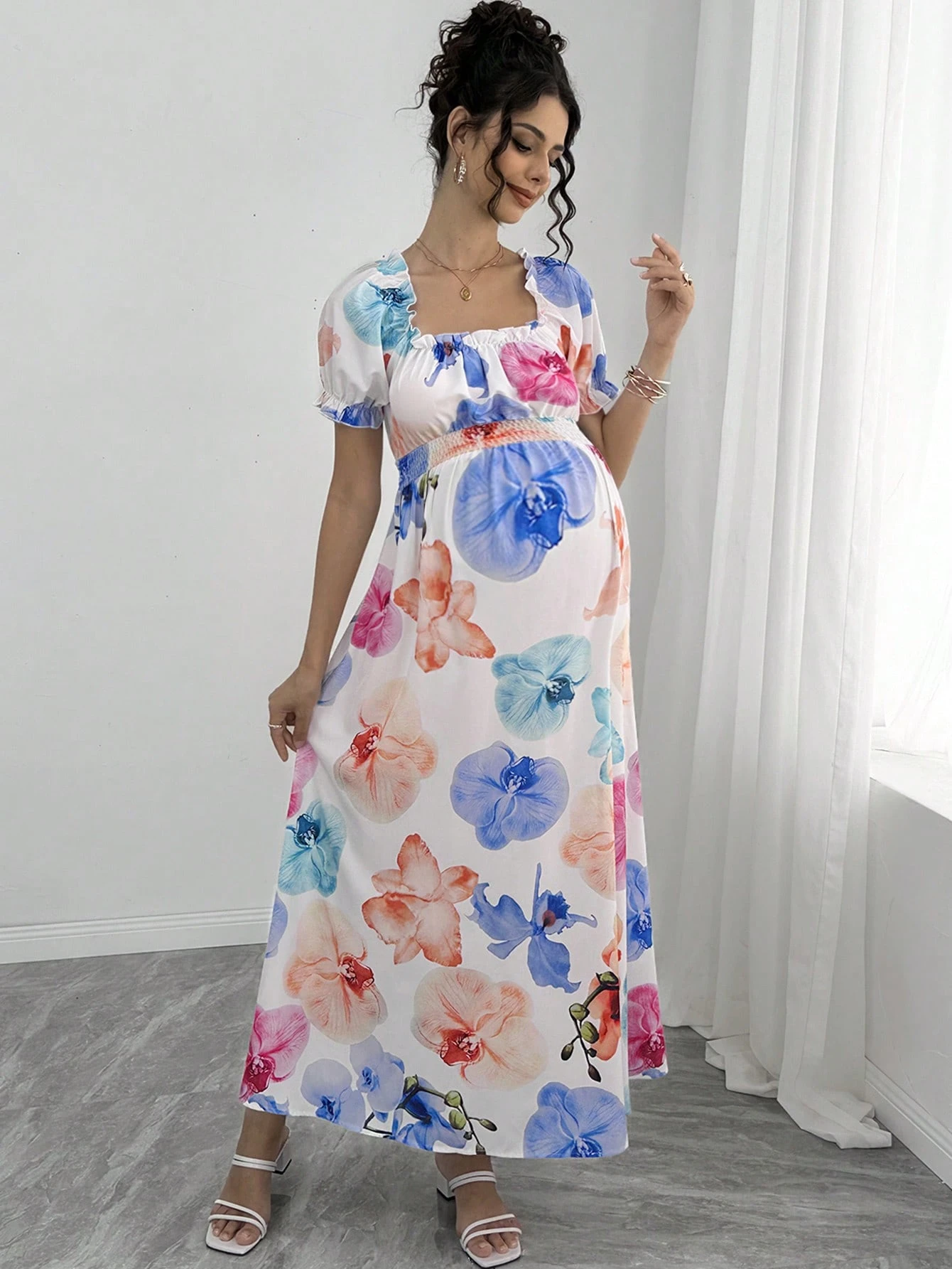 Rochie elegantă cu mâneci bufante și gât tip barcă cu imprimeu floral pentru maternitate pentru vacanța de vară