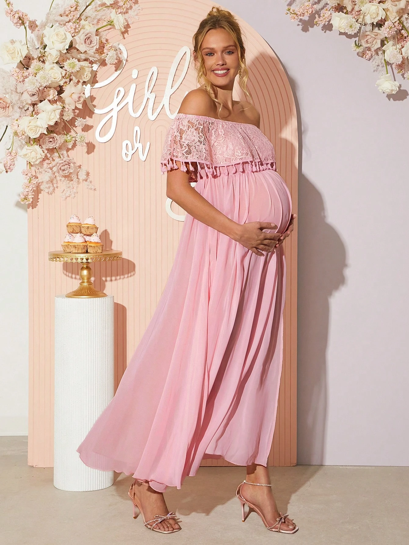Rochie de maternitate elegantă de dantelă de contrast cu volane off-shoulder pentru femei însărcinate, rochie de dezvăluire a genului, rochie de duș pentru copil, rochie de maternitate
