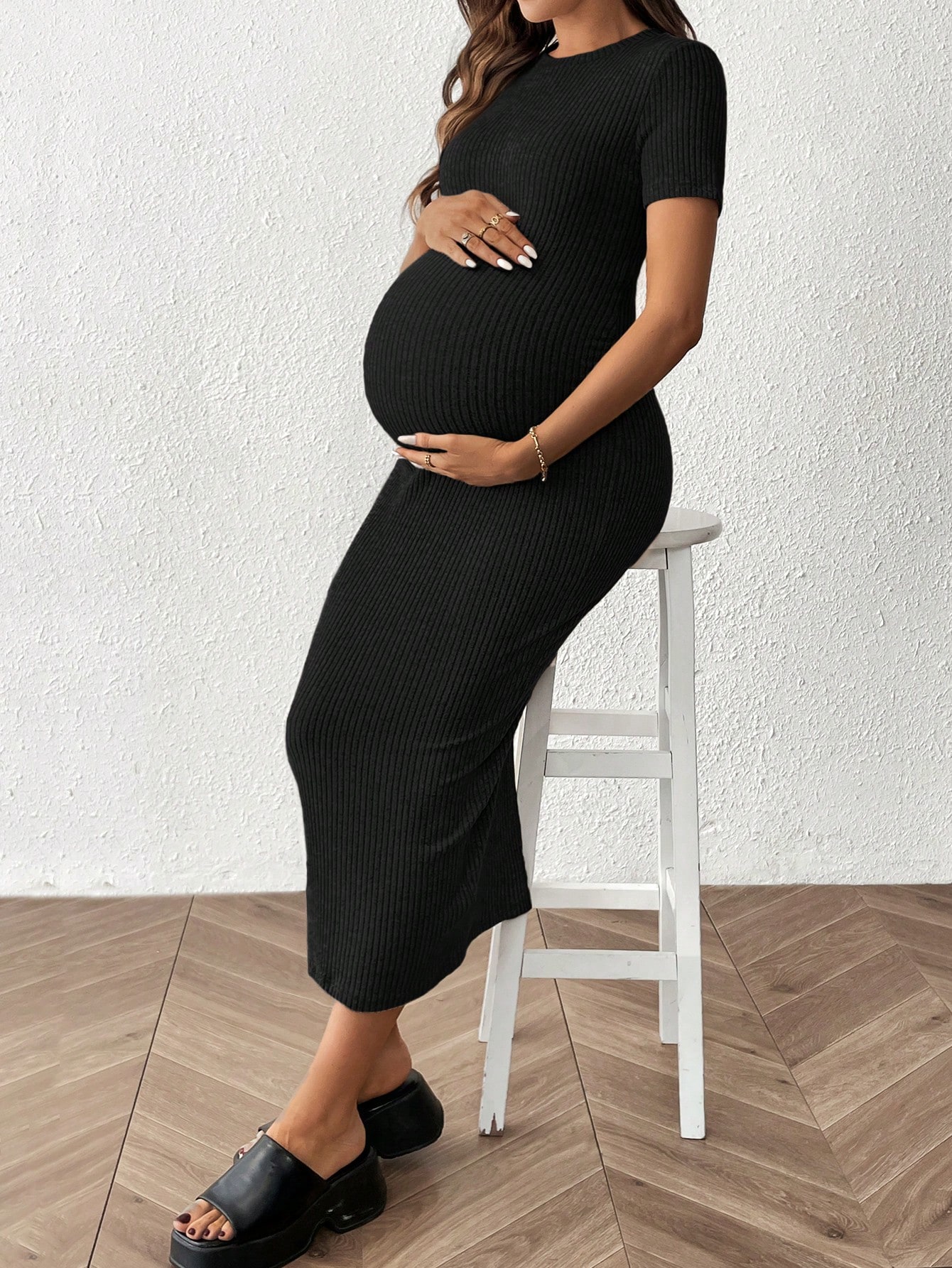 Rochie pentru gravide culoare solidă gât rotund cu mânecă scurtă ajustată rochie casual cu nervuri