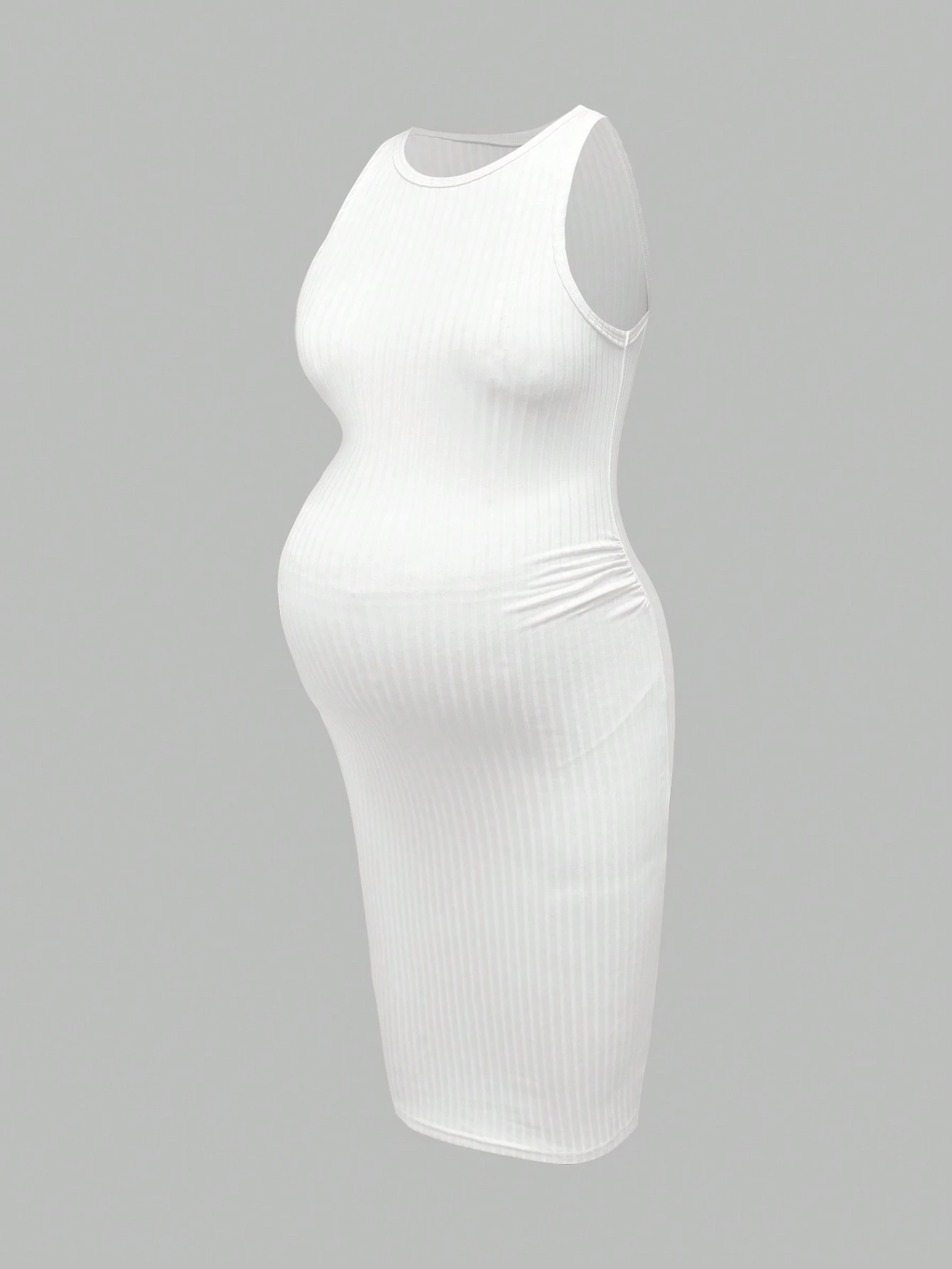 Rochie de maternitate cu pulover casual cu nervuri, de culoare solidă, cu gât rotund
