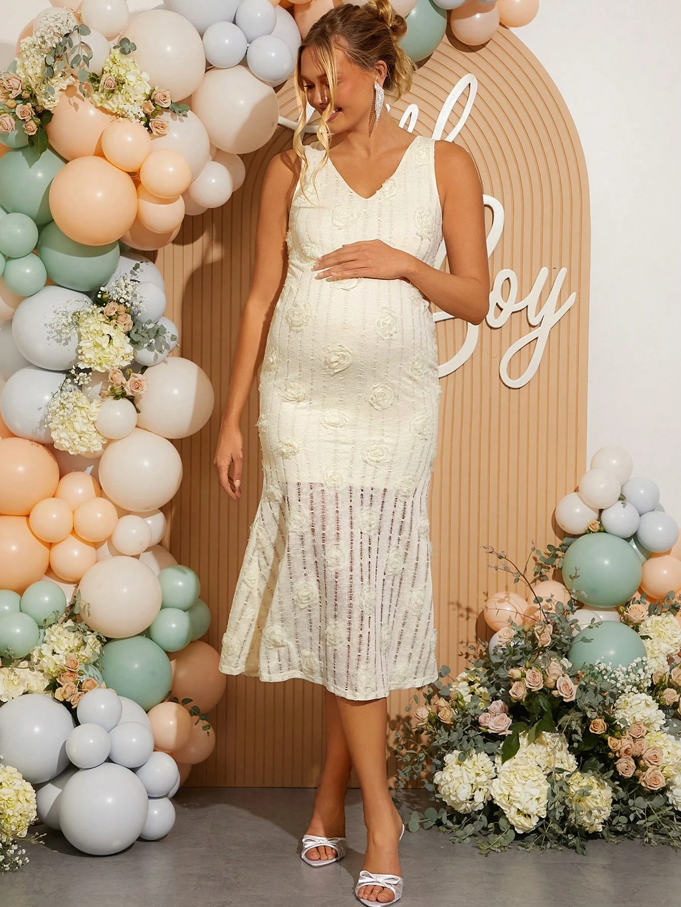 Rochie elegantă de sirenă fără mâneci, cu decolteu în V, pentru femei însărcinate, cu decor floral 3d, de vară, rochie gender reveal, rochie de maternitate, rochie baby shower, ținute aniversare pentru femei, ținută club