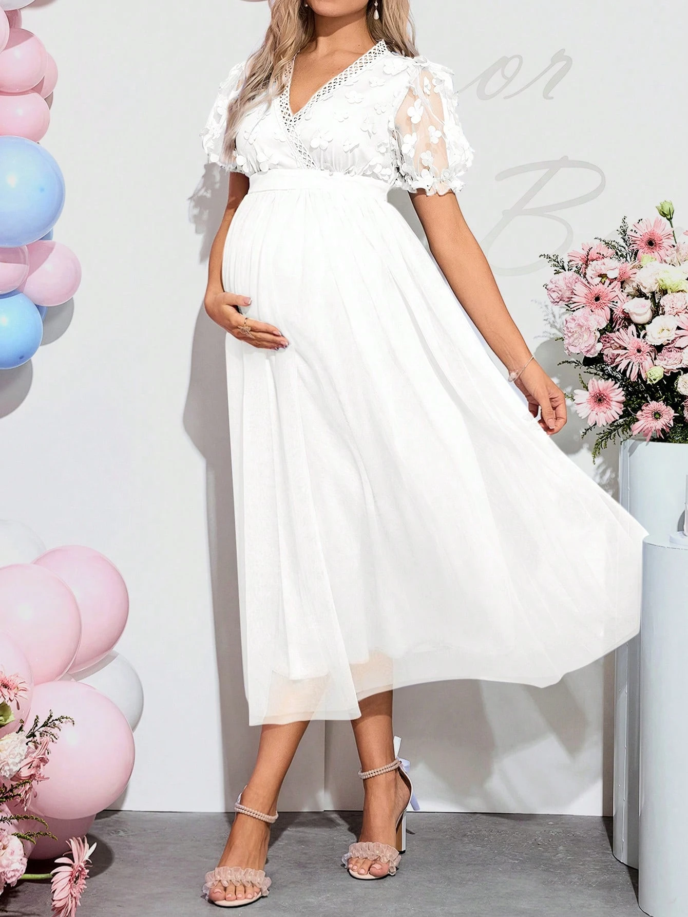 Gender reveal dress maternitate v-neck sheer mesh contrast rochie cu mânecă scurtă, perfectă pentru vacanță petrecere baby shower