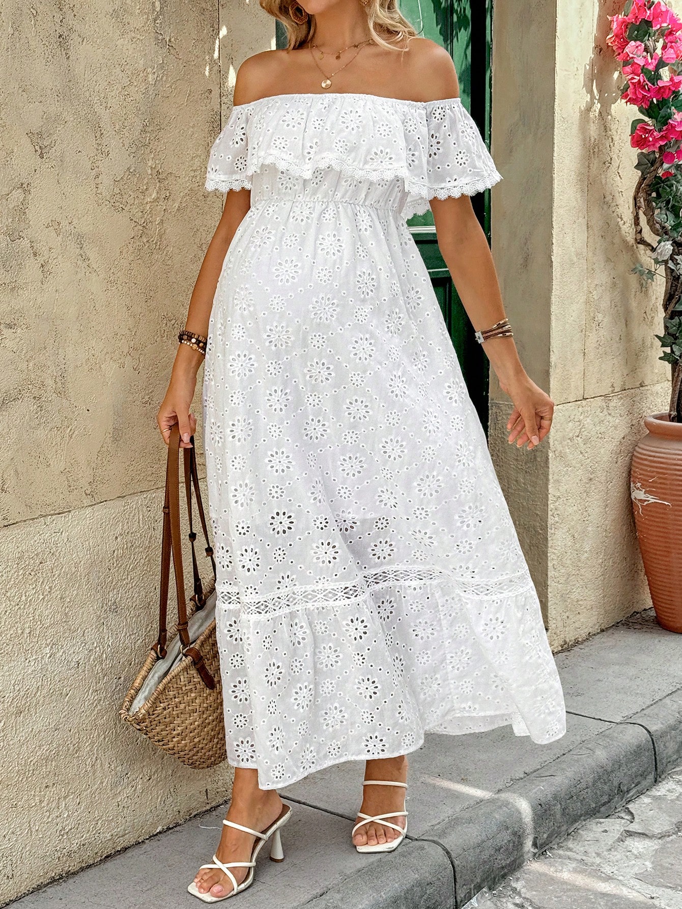 Mammakjole off shoulder hul ut broderi lang kjole ruffle ferie baby shower barselkjole mammakjole kvinners sommerkjole hvit kjole vevd broderi ferie hvit konfirmasjonskjole