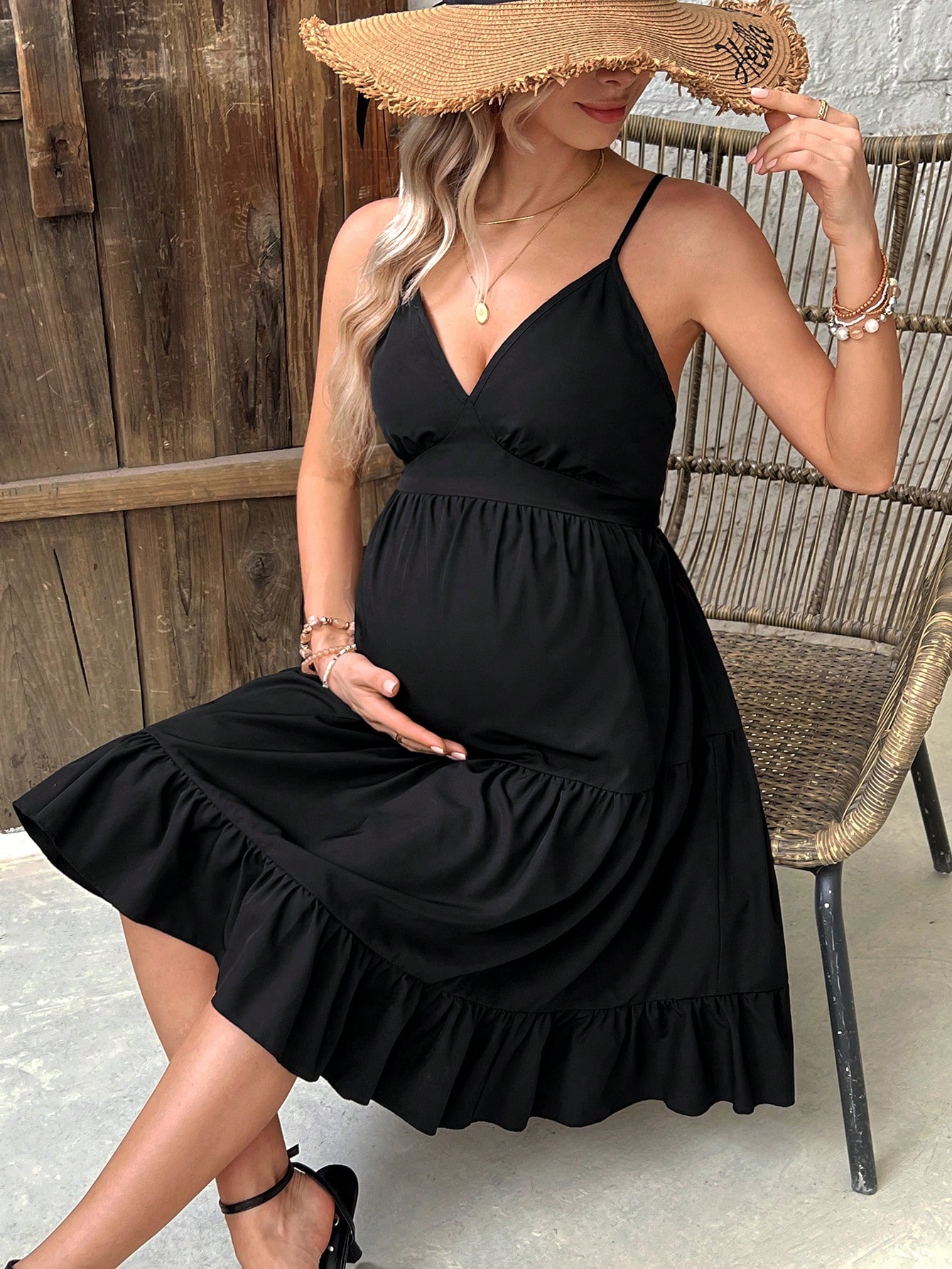 Rochie pentru maternitate rochie sexy de culoare solidă cu tiv împletit cravată fără spate rochie cu curea spaghetti pentru vacanța de vară