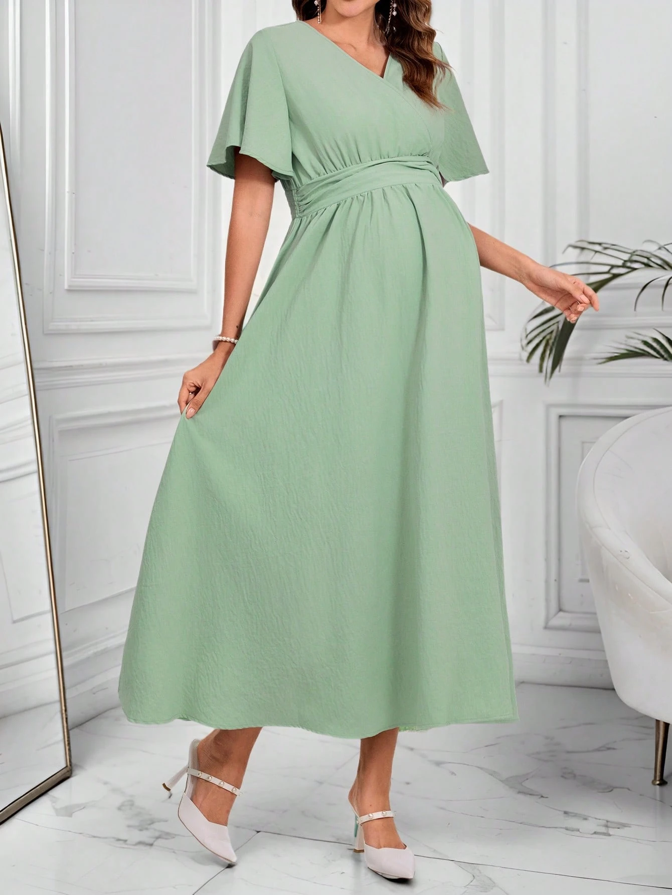 Rochie de maternitate elegantă cu mânecă scurtă, cu volane și decolteu în V, de culoare solidă, pentru femei însărcinate