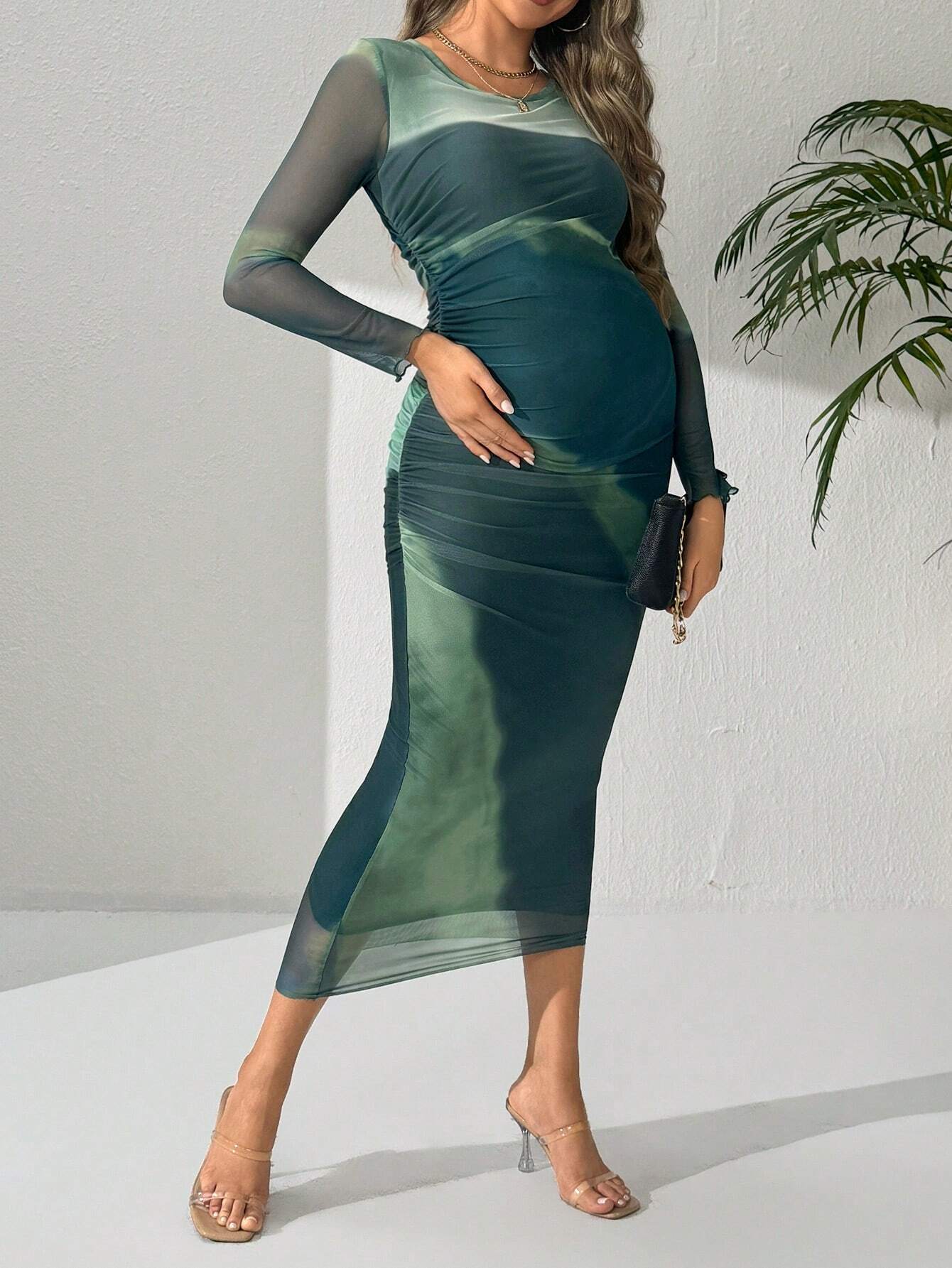 Rochie cu mâneci lungi pentru femei însărcinate, cu gât rotund și contrast de plasă, casual & vacanță pentru maternitate