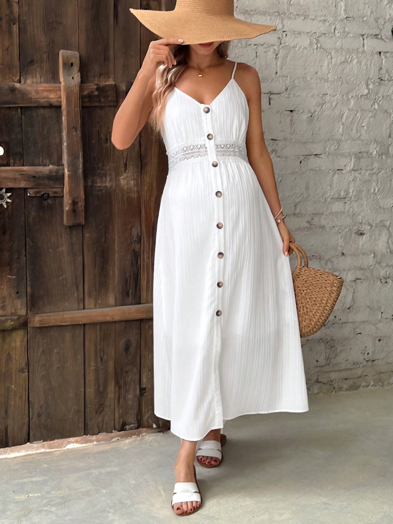 Rochie pentru gravide rochie elegantă de vară din dantelă patchwork cu curele spaghetti