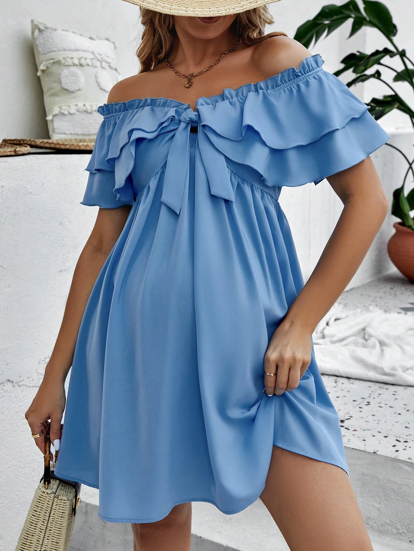 Rochie pentru gravide off shoulder cu nod în față rochie cu volane