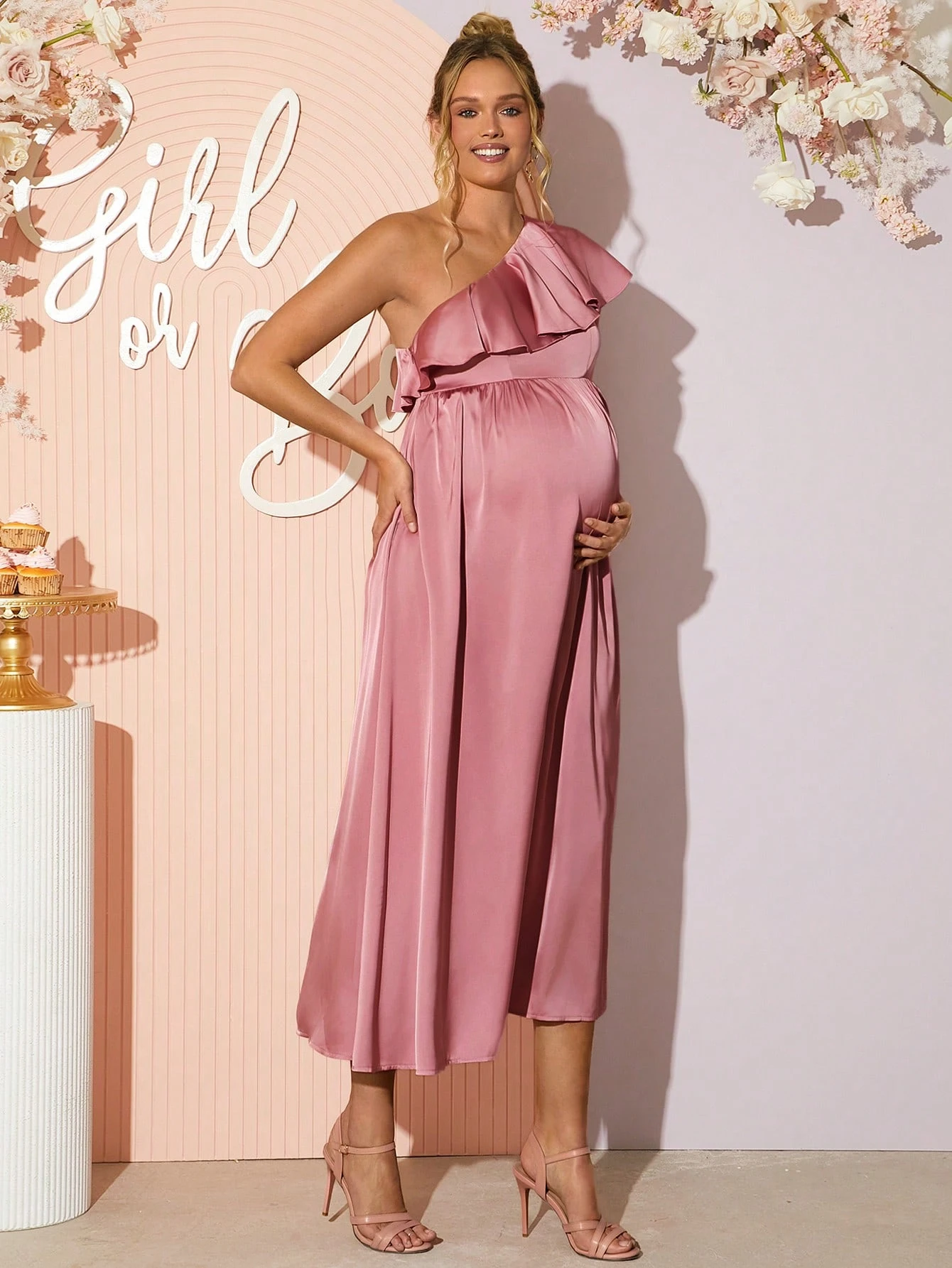 Elegant guler asimetric culoare solidă rochie de petrecere de maternitate, sex dezvăluie rochie, rochie de duș pentru copii, rochie de maternitate