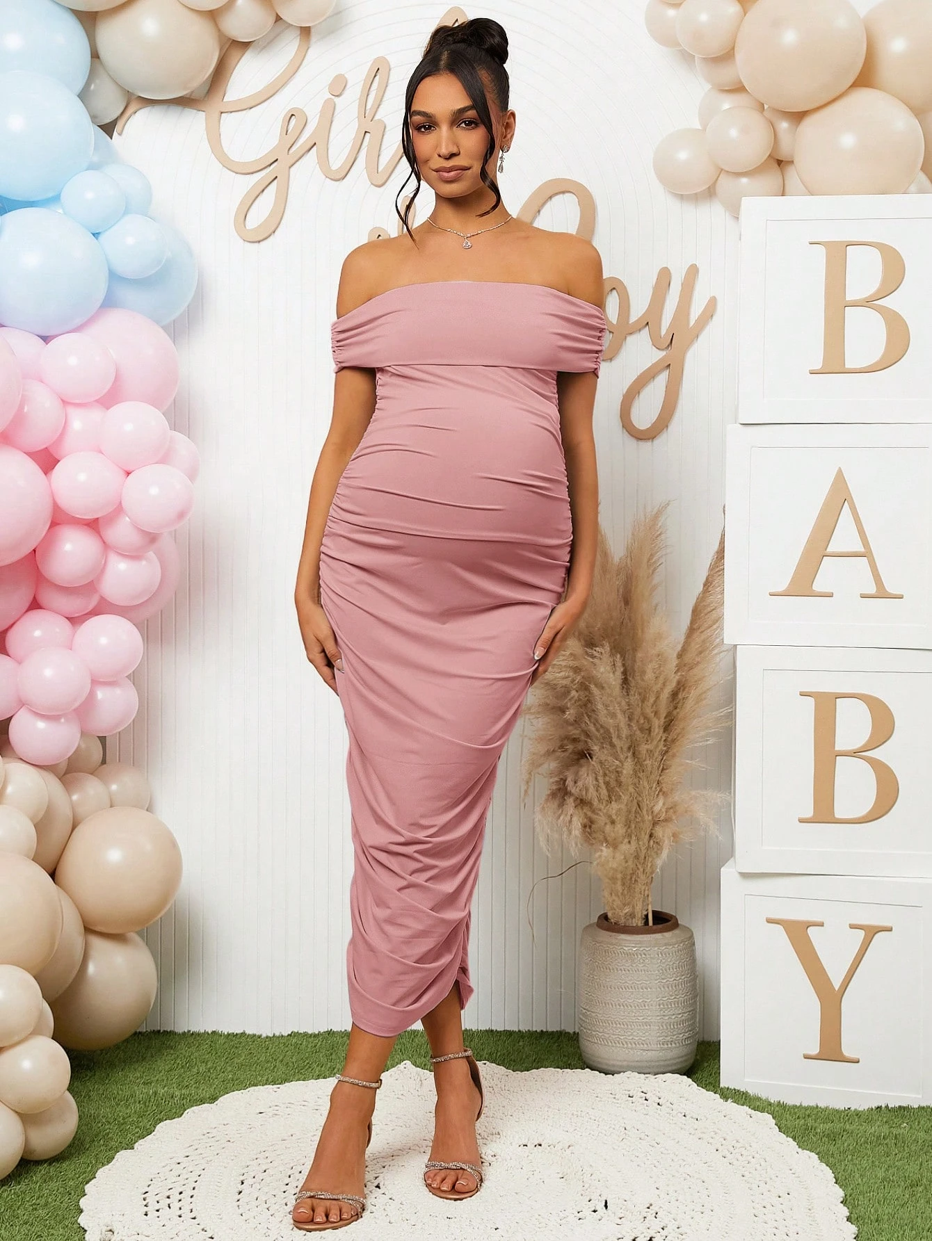 Rochie bodycon elegantă de maternitate de culoare solidă fără umeri cu volane, de vară