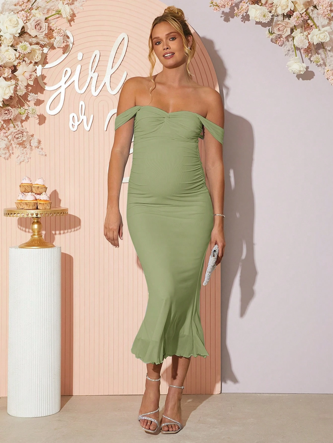 Rochie de maternitate fără umăr cu tiv plisat în coadă de pește, vară elegantă