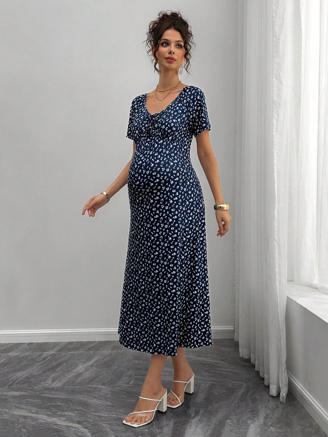 Kismama ditsy virágos virágos nyakkendő elöl rövid ujjú elegáns ruha a nyaraláshoz