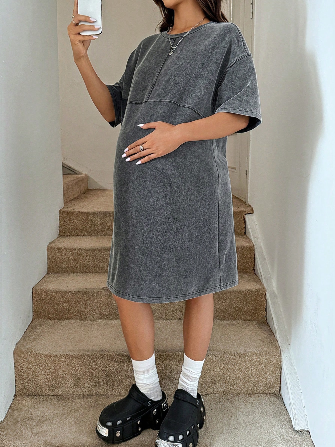 Rochie de maternitate culoare solidă picătură umăr rotund gât distressed casual rochie de vară y2k haine