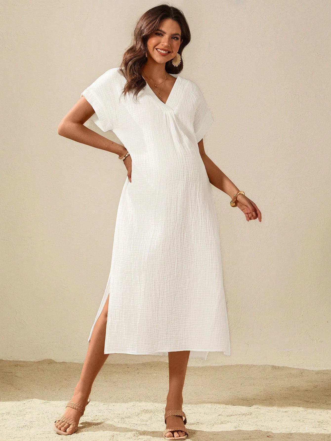 Boho mama barselferie avslappet ensfarget midikjole med sidesliss midikjole sommerklær for kvinner sommerklær for kvinner sommerklær for kvinner hvit kjole sommersett for kvinner
