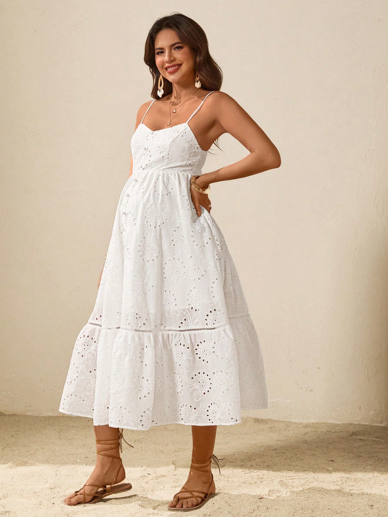 Boho mama maternitate vacanță casual culoare solidă goală broderie spaghete curea rochie de vară ținute pentru femei