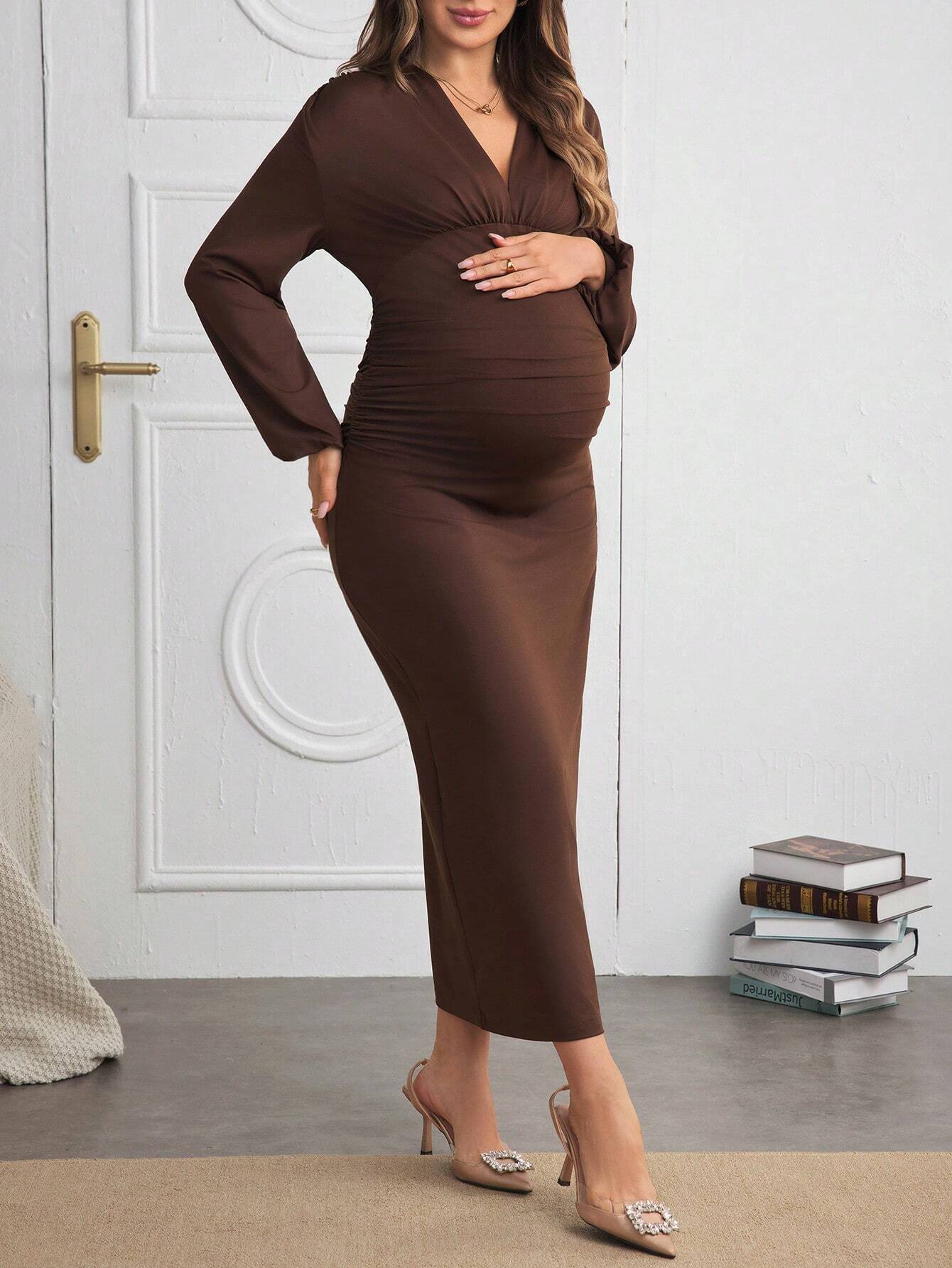 Maternitate baby shower rochie pentru femei cu mâneci de culoare solidă cu decolteu în V rochie plisată