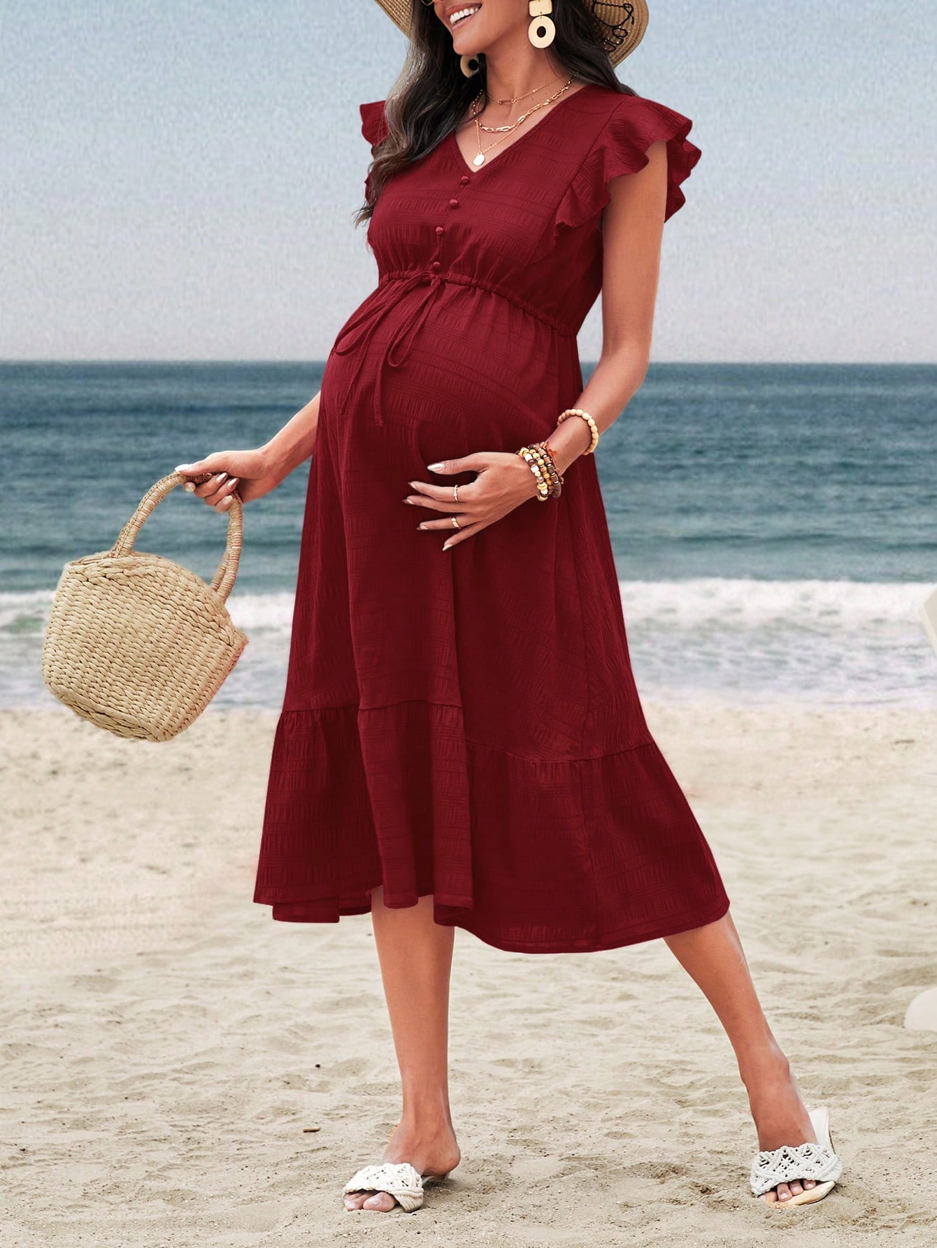 Rochie de maternitate vară culoare solidă rochie simplă de zi cu zi pentru femei