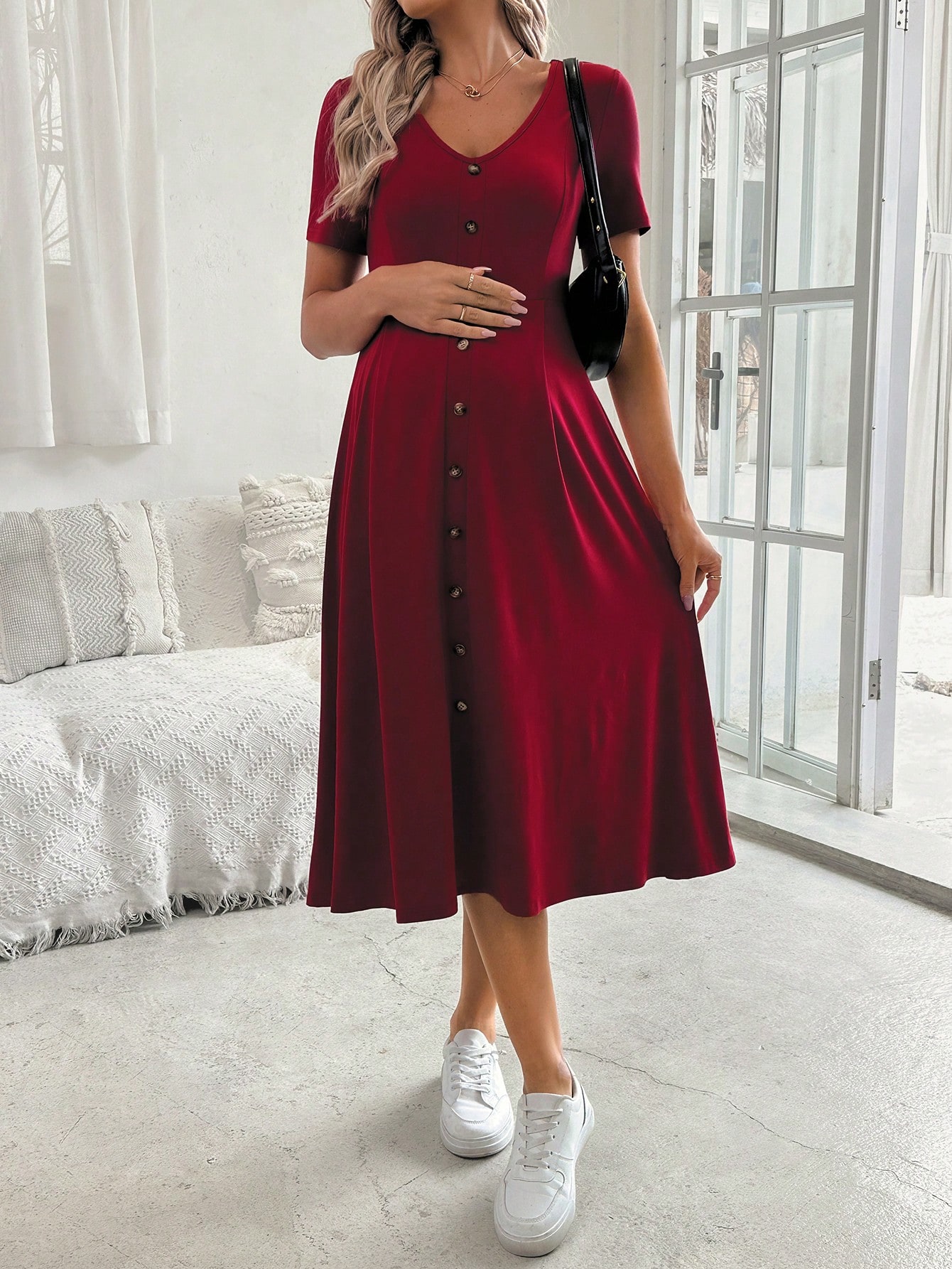 Femei elegant v-neck cu mânecă scurtă a-line buton decor rochie de maternitate pentru vara
