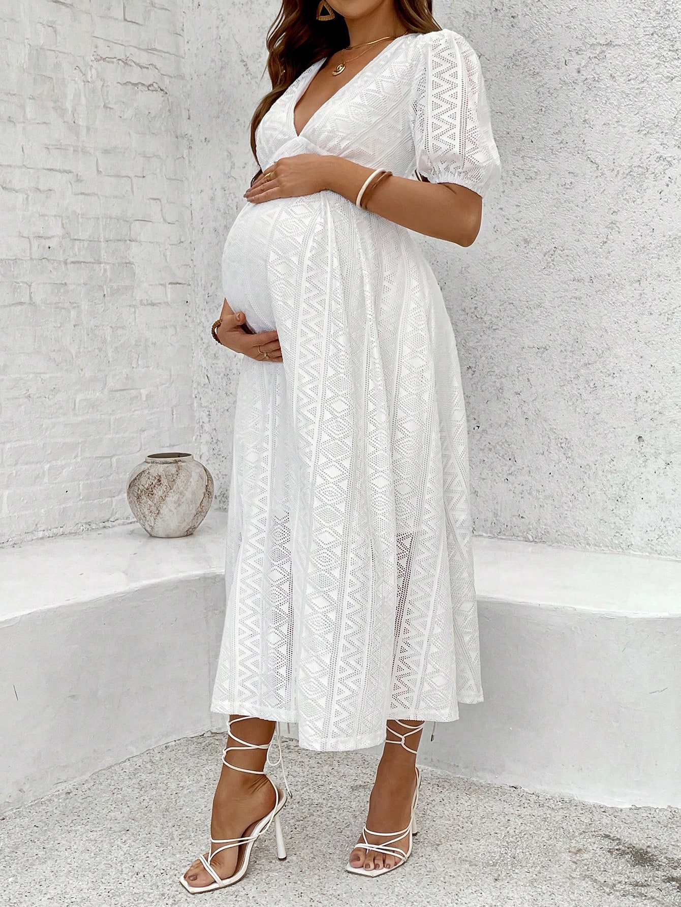 Femei gravide gol geometric v-neck puff maneca rochie elegantă ținute de vară rochie de maternitate pentru femei