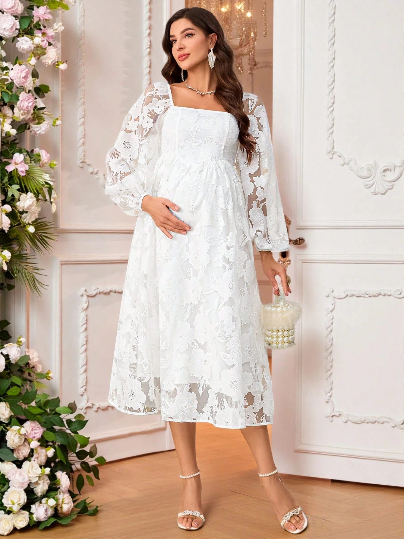 Femei gravide jacquard floral plasă v-neck maneca lanternă rochie elegantă de maternitate baby shower maternitate rochii maxi rochii classy outfits fairycore