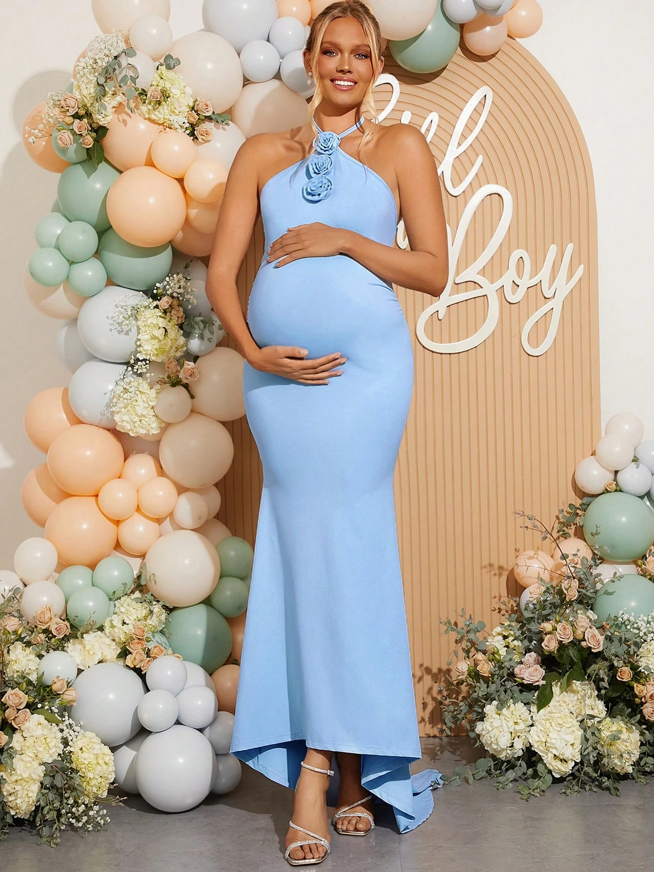 Enfarget, ensfarget kjole med 3D-blomsterdekor, elegant halterkjole med fiskehale, kjole for å avsløre kjønn, barselkjole, kjole til babyshower, bursdagsantrekk for kvinner, klubbantrekk