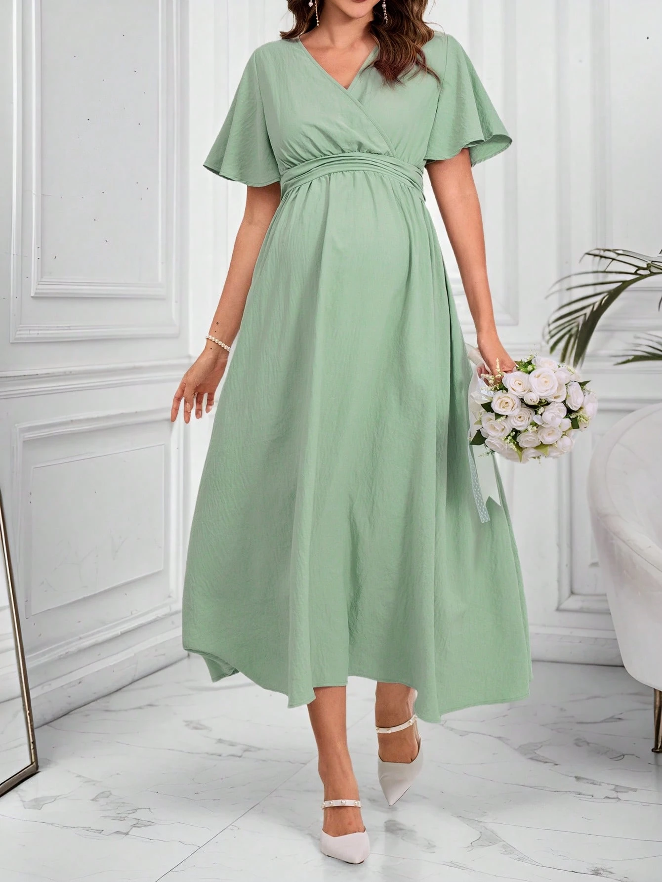 Rochie de maternitate elegantă cu mânecă scurtă, cu volane și decolteu în V, de culoare solidă, pentru femei însărcinate