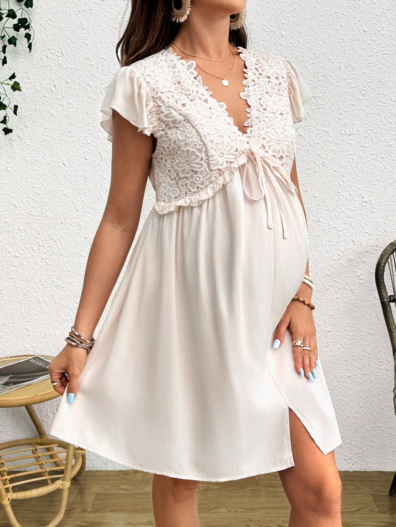 Rochie de maternitate dantelă solidă patchwork tie-waist chiffon maneca capac rochie pentru vara