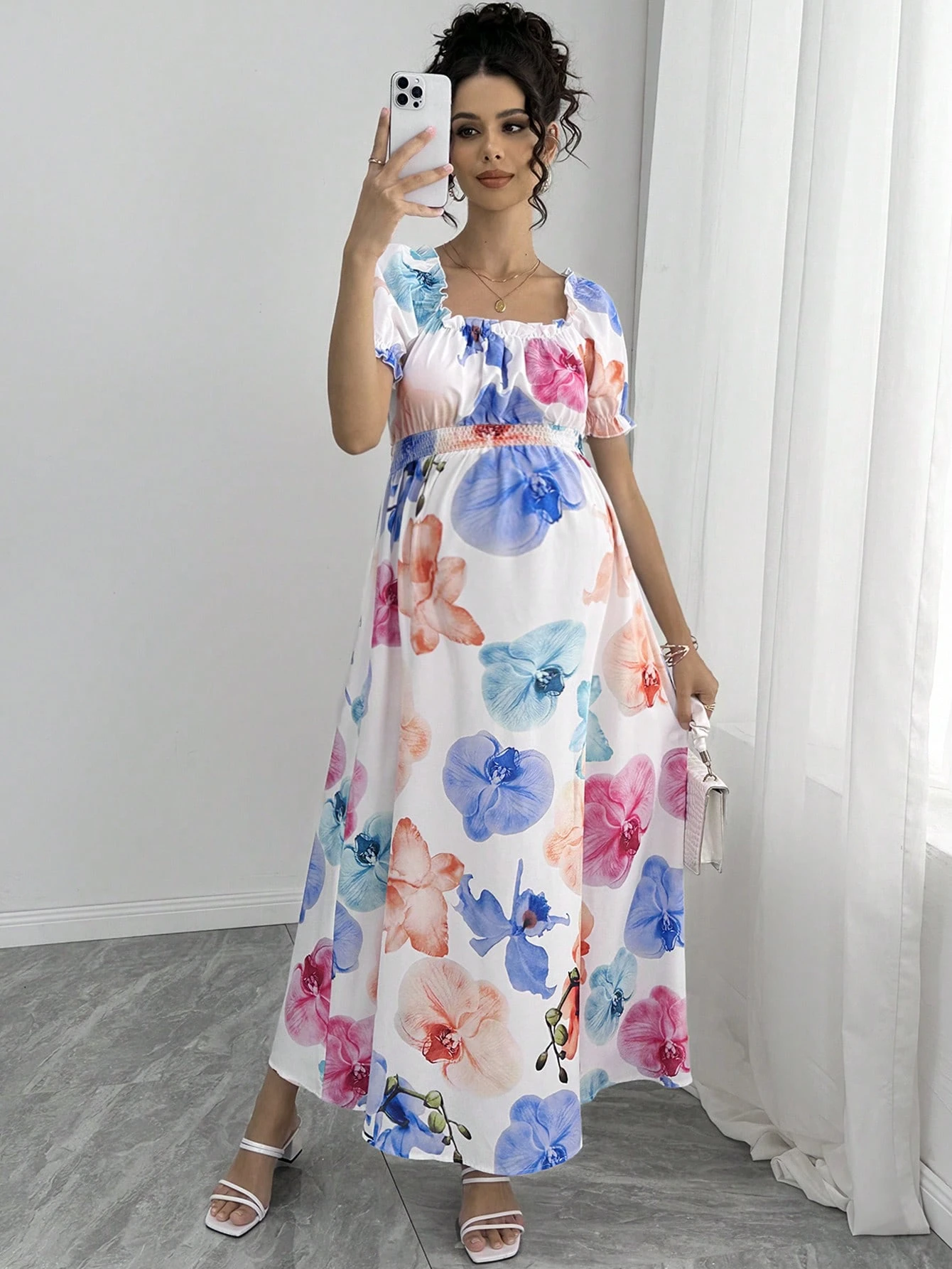 Rochie elegantă cu mâneci bufante și gât tip barcă cu imprimeu floral pentru maternitate pentru vacanța de vară