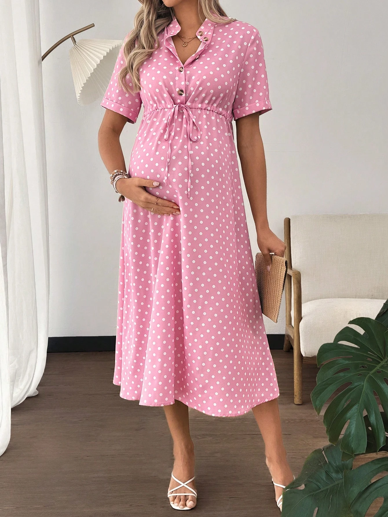 Rochie pentru gravide rochie midi cu decolteu în V și buton cu răsucire frontală cu buline