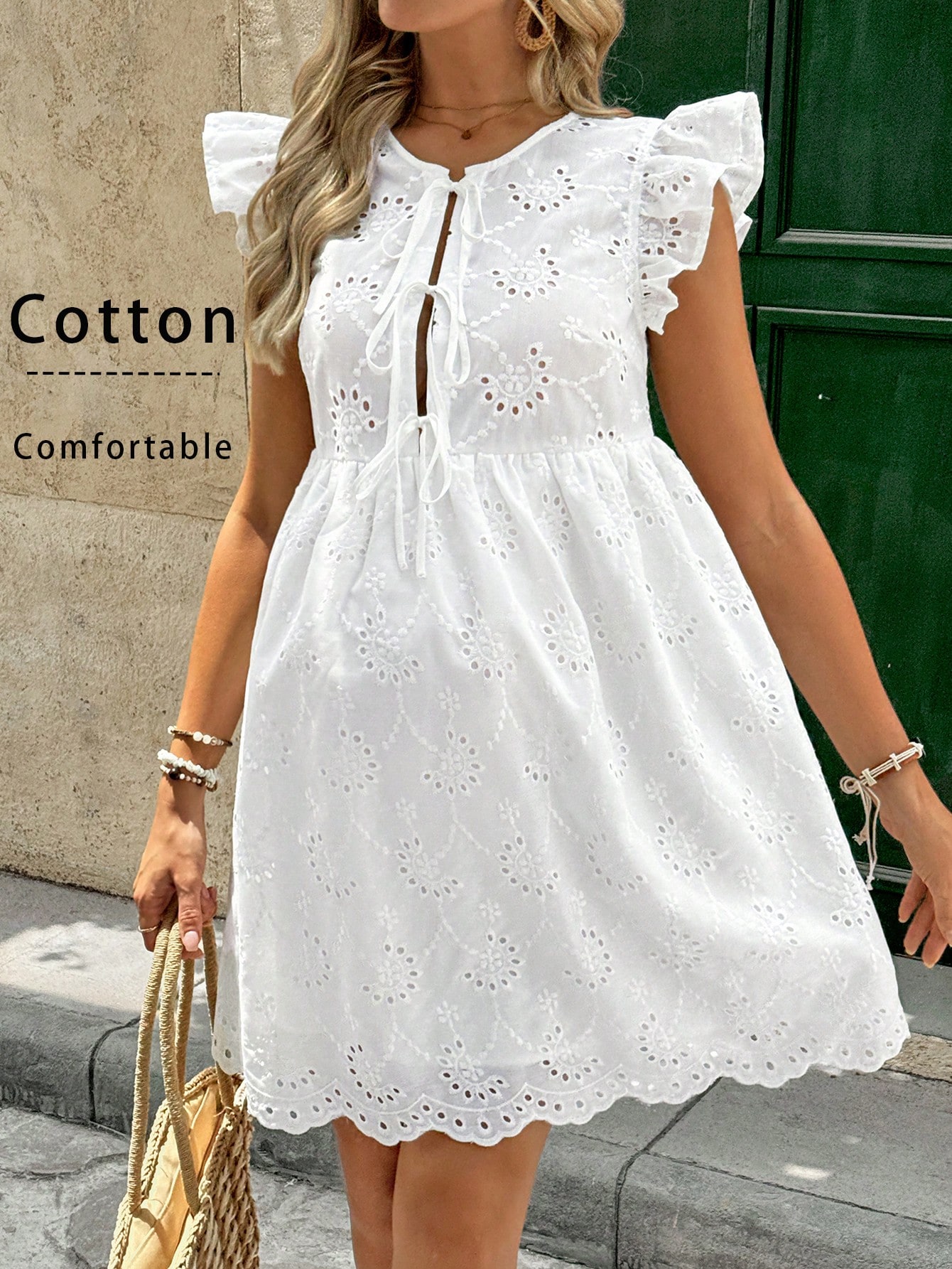 Rochie de maternitate albă maternitate vacanță casual culoare solidă hollow broderie cap maneca rochie, nod cravată, tesatura de bumbac