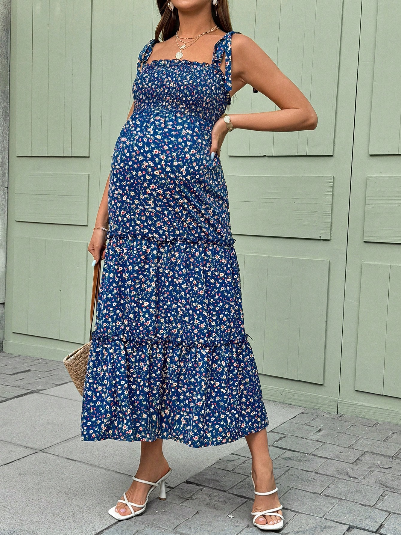 Bowknot ditsy floral romantic vacanță casual maternitate camisole rochie