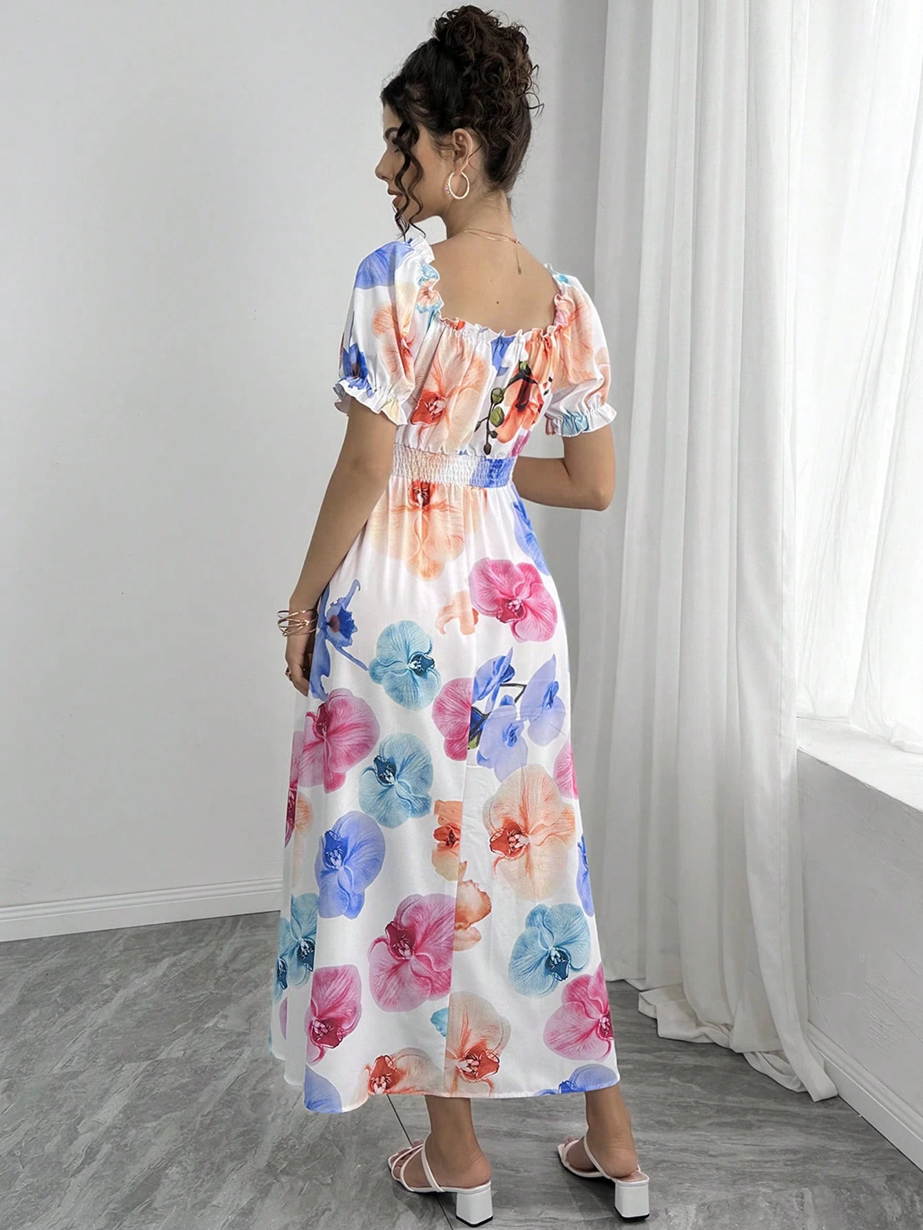 Rochie elegantă cu mâneci bufante și gât tip barcă cu imprimeu floral pentru maternitate pentru vacanța de vară