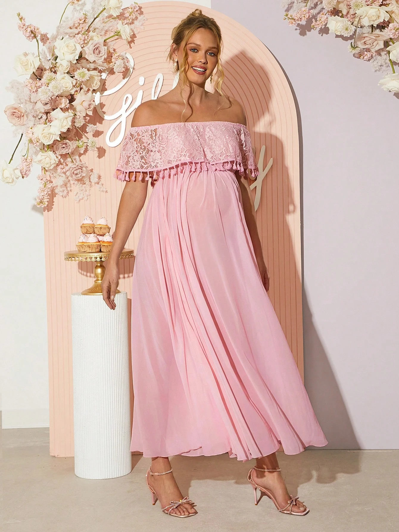 Rochie de maternitate elegantă de dantelă de contrast cu volane off-shoulder pentru femei însărcinate, rochie de dezvăluire a genului, rochie de duș pentru copil, rochie de maternitate