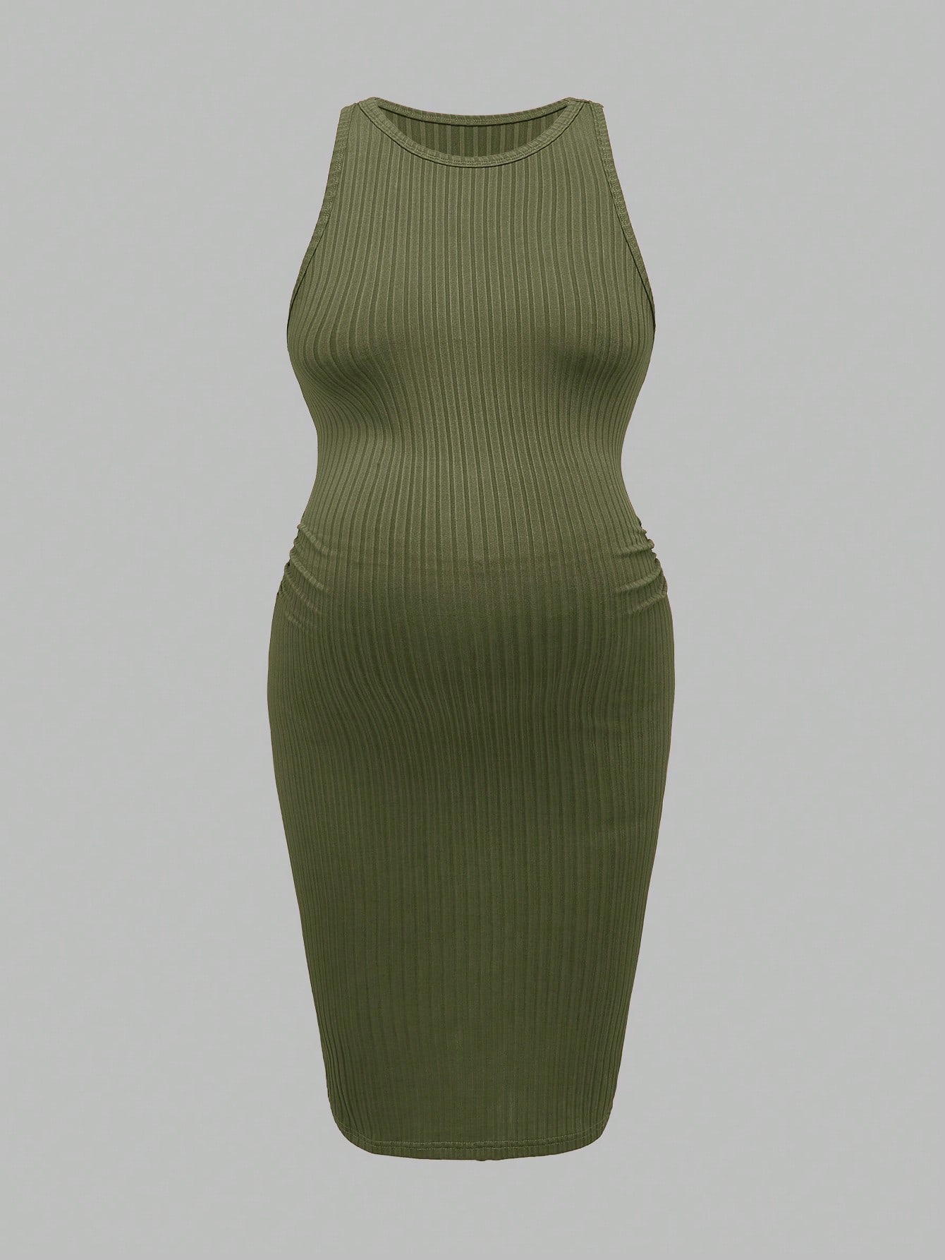 Rochie de maternitate cu pulover casual cu nervuri, de culoare solidă, cu gât rotund